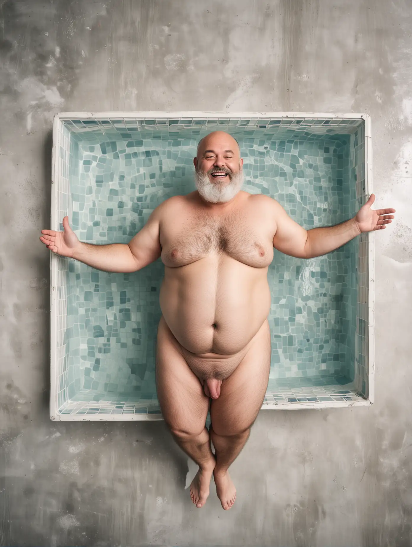 A ugly Chubby hairy man, perfect  skin , balding gray hair, full body, shirtless, big hairy belly, light gray watercolor background. Lying voloctuos on a floater in a pool, aereal view, photo