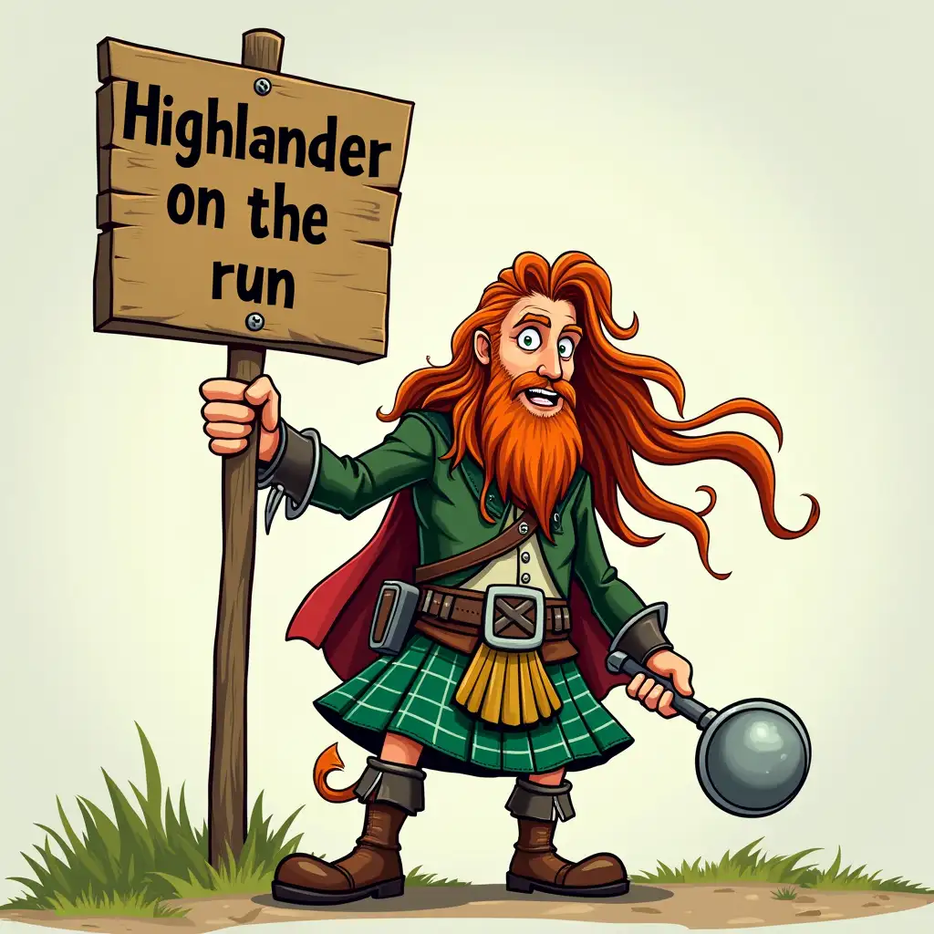 Rise of the Scottish road warrior Wearing a kilt, long hair and a green kilt He is standing beneath a sign that says Highlander on the run Cartoon character