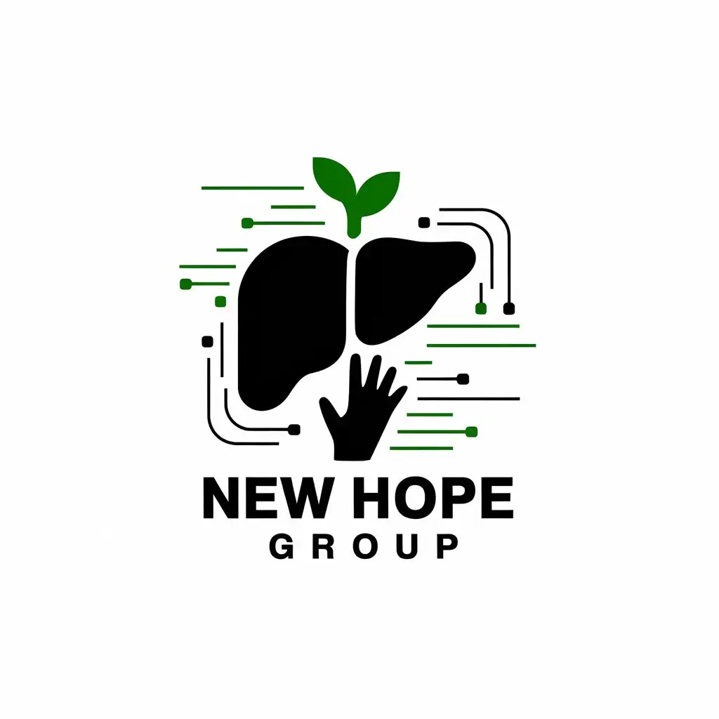 a vector logo design,with the text "New Hope Group", main symbol:a liver where a green bud is protruding from it. A hand of a donor towards it and digital lines around it as well as the name of a new group,complex,be used in Technology industry,clear background