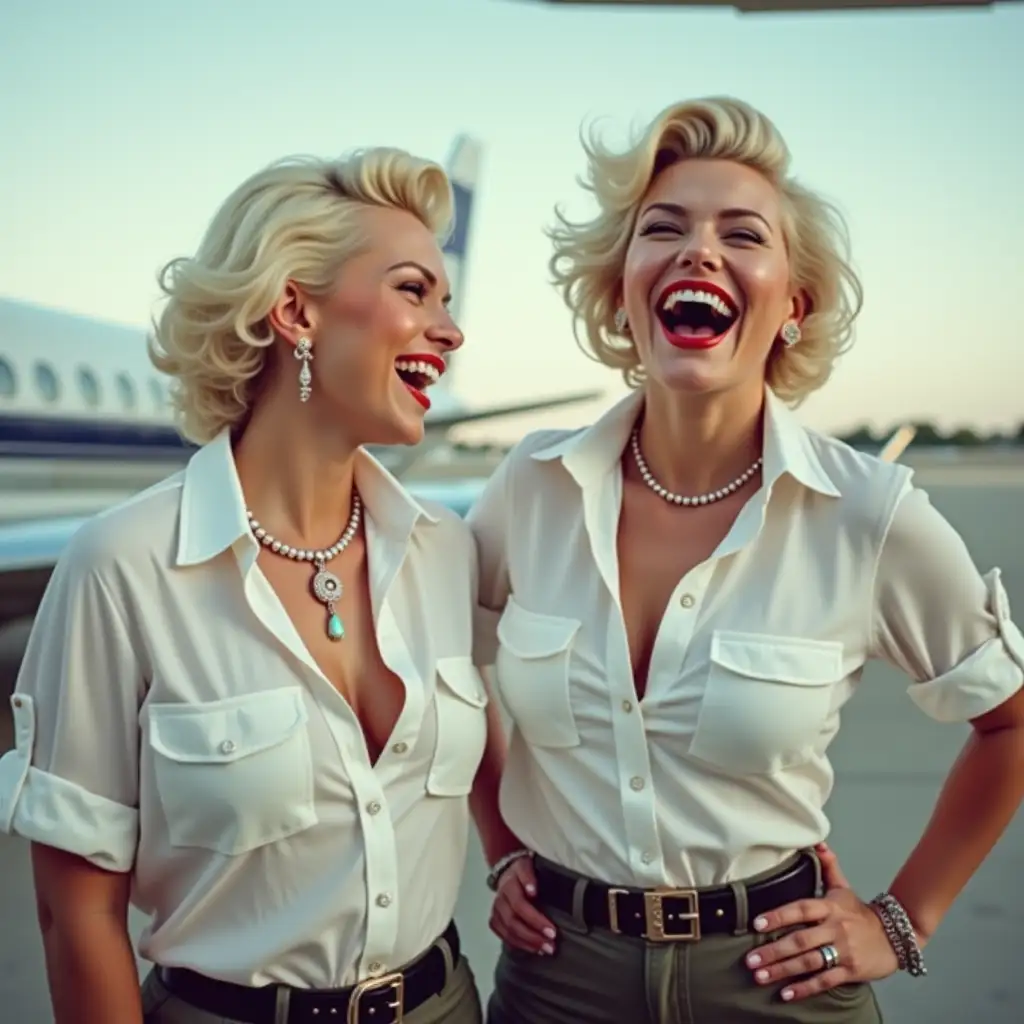 two white curvy pilot ladies, Marilyn Monroe face, in white unbuttoned pilot shirt, laughing with her mouth open, red lipstick accentuating her smile,belt on waist, big wide hips, chest are fully grown, jewerly, short hair, HD, enjoying at airport , photo-realism