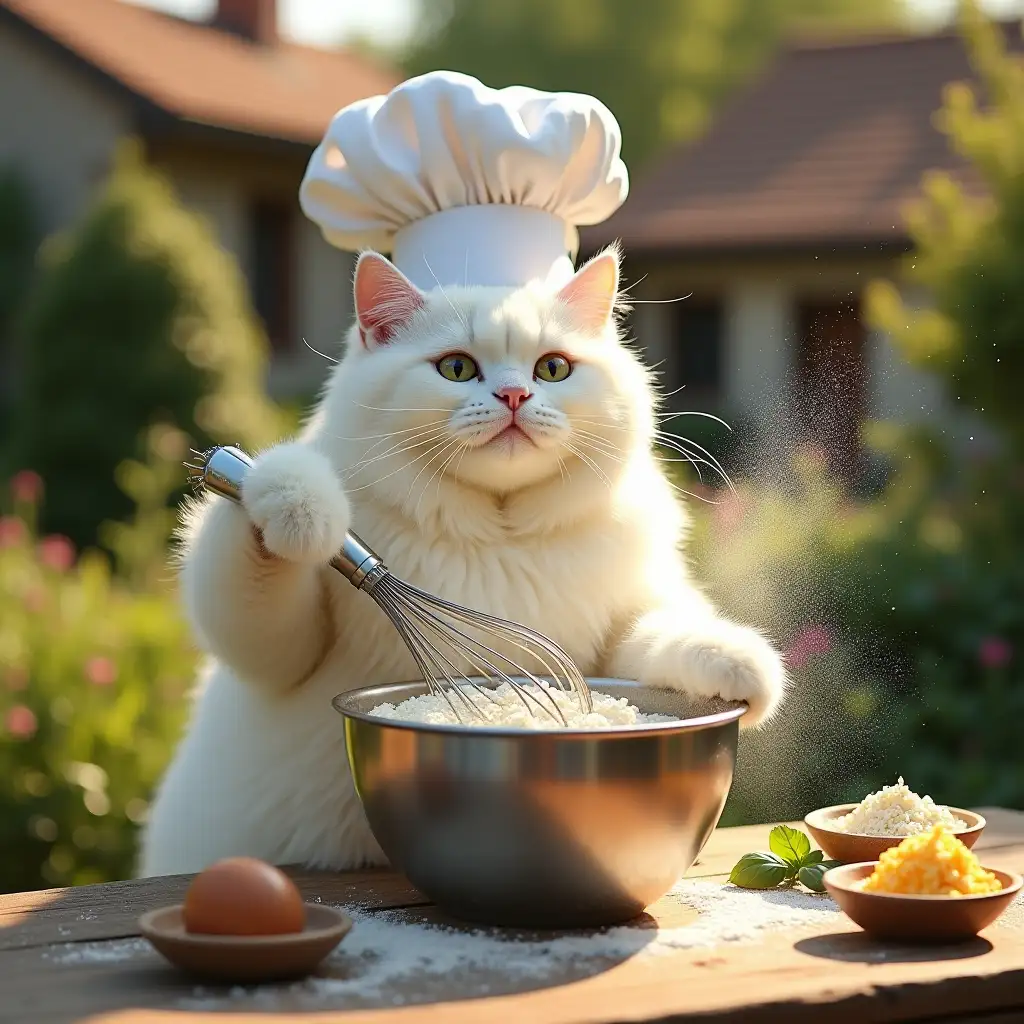 The oversized white cat, now wearing an exaggeratedly large white chef’s hat, stands upright at the rustic wooden table. It is whisking together flour and eggs in a metallic mixing bowl with dramatic enthusiasm, causing flour to puff into the air. Its right paw grips the whisk, while its left paw holds the bowl firmly in place. Splashes of the mixture dot the table, adding a lively touch to the scene. Surrounding the cat are small bowls of olive oil, grated cheese, a cracked egg, and fresh basil leaves scattered artistically. The lush garden and rustic cottages bathed in golden sunlight form a warm and inviting background.