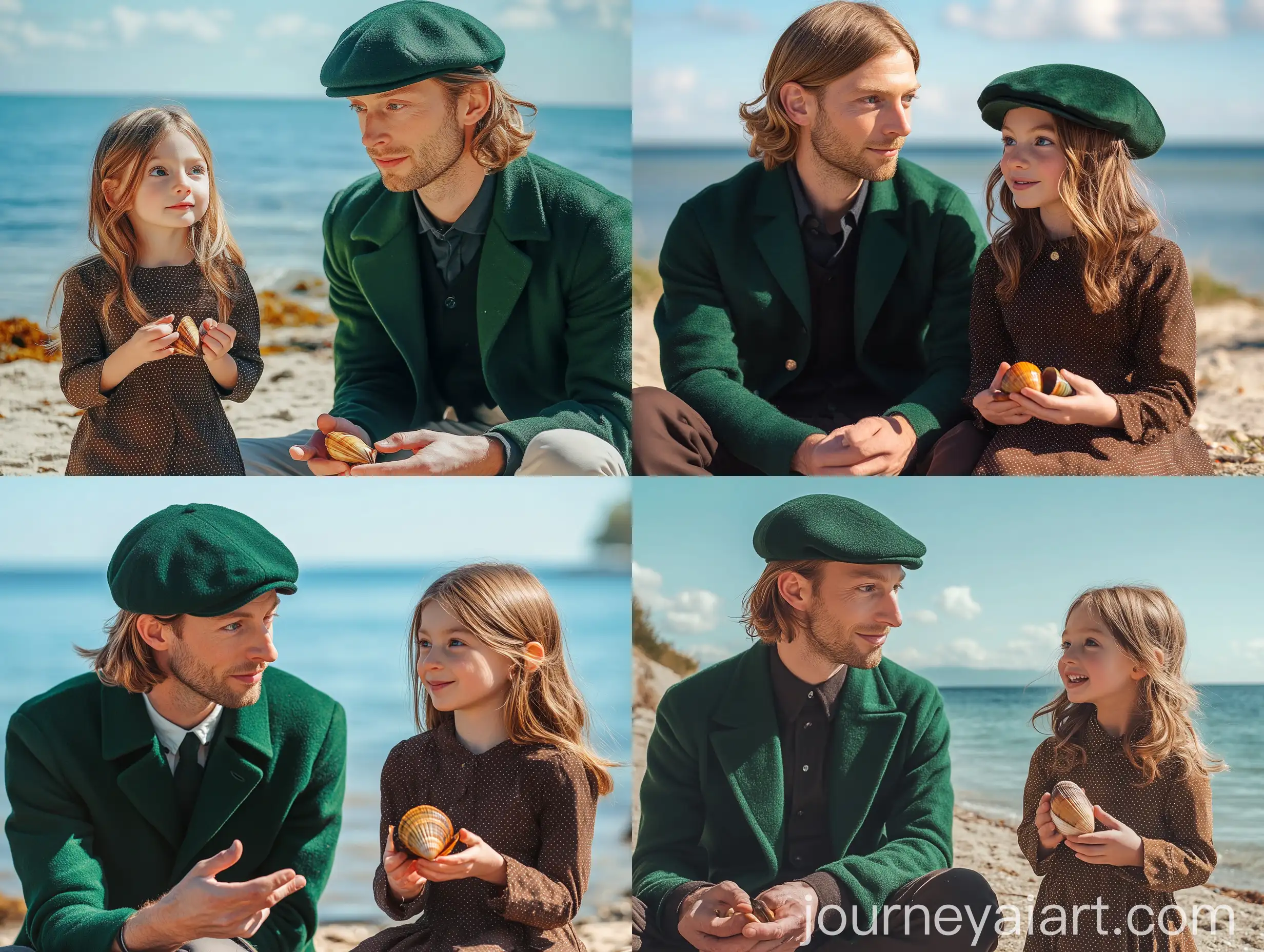 Man-and-Girl-by-Seashore-in-Medieval-Port-with-Orange-Mussels-Seashell