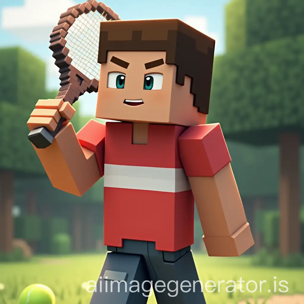 A MINECRAFT IMAGE OF A YOUNG BOY IN A RED AND WHITE T SHIRT CARRYING A TENNIS RACQUET