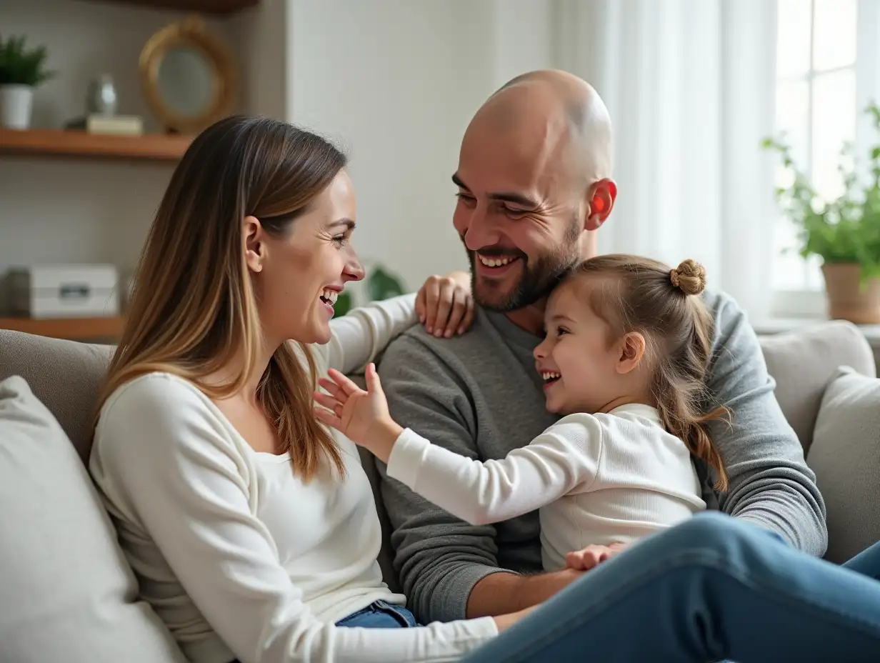 Happy family sitting on couch at home together, looking at camera, smiling. Cute little daughter girl touching faces of dad and hairless mom. Young cancer patient getting support from husband and kid