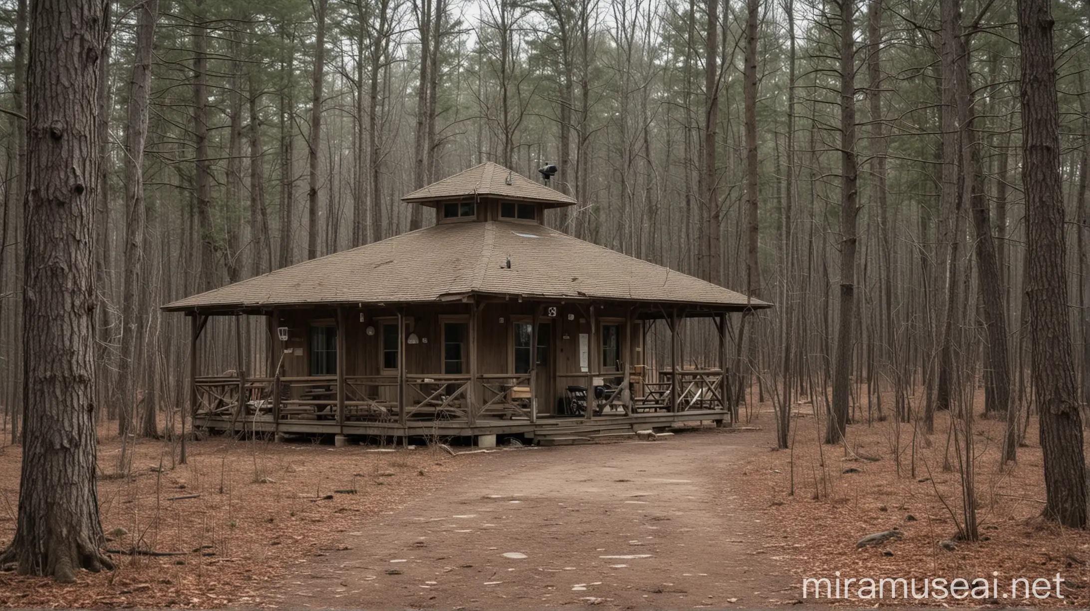 Ranger Station in the Woods Surrounded by Tall Trees