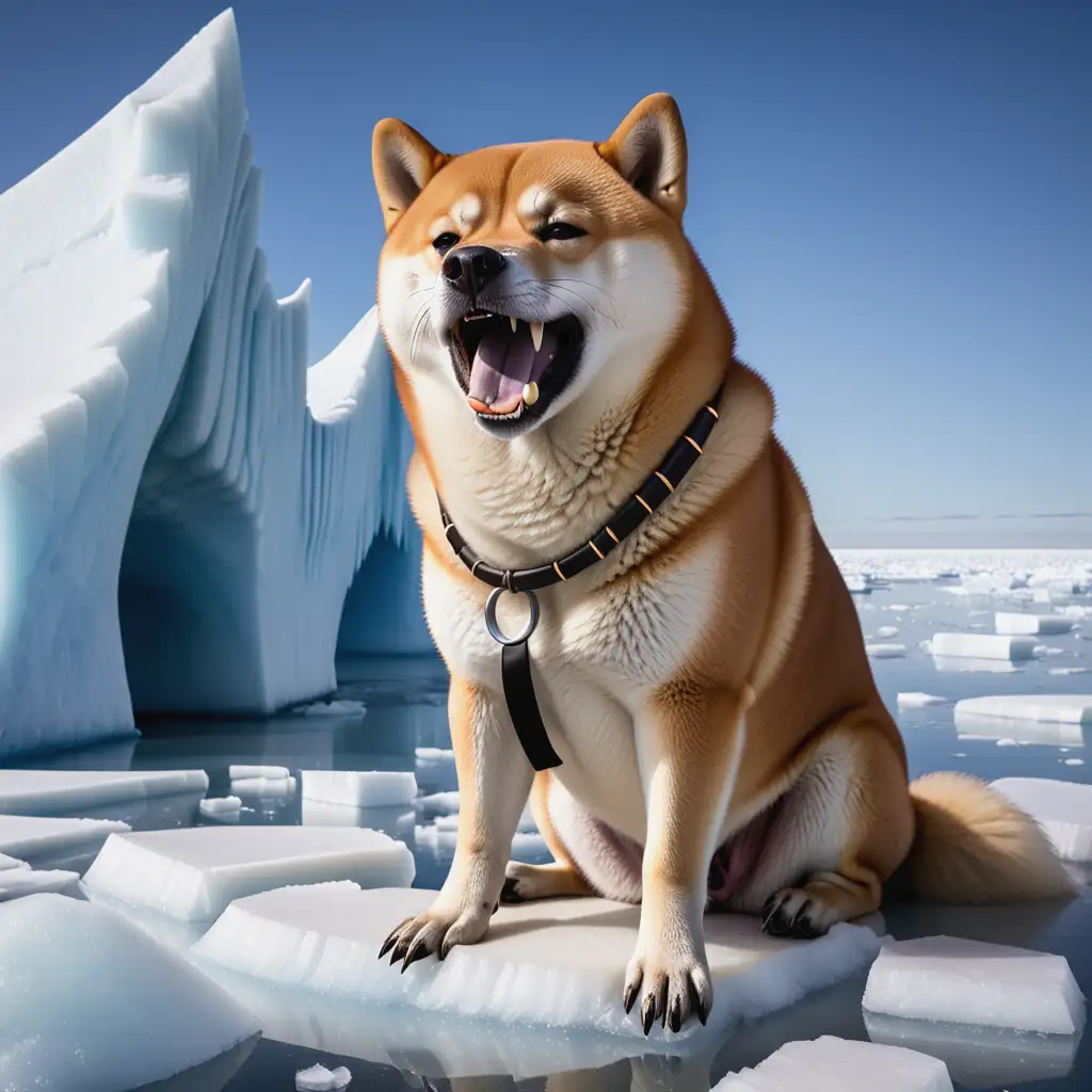 Shiba-Inu-with-Walrus-Tusks-Growling-on-Polar-Ice-Shelf