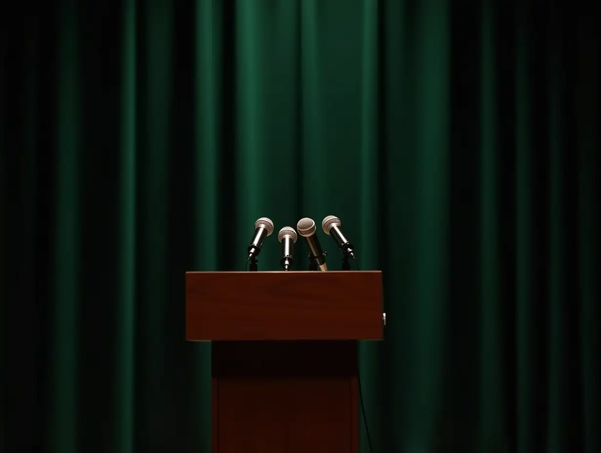 Podium-with-Three-Microphones-Set-Up-for-Speech-or-Presentation-on-Stage