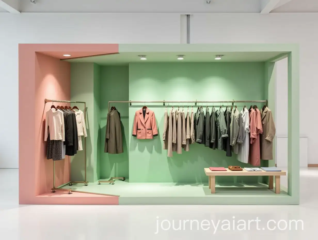 Modern-Booth-Display-for-Clothes-with-Green-and-Pink-Color-Scheme