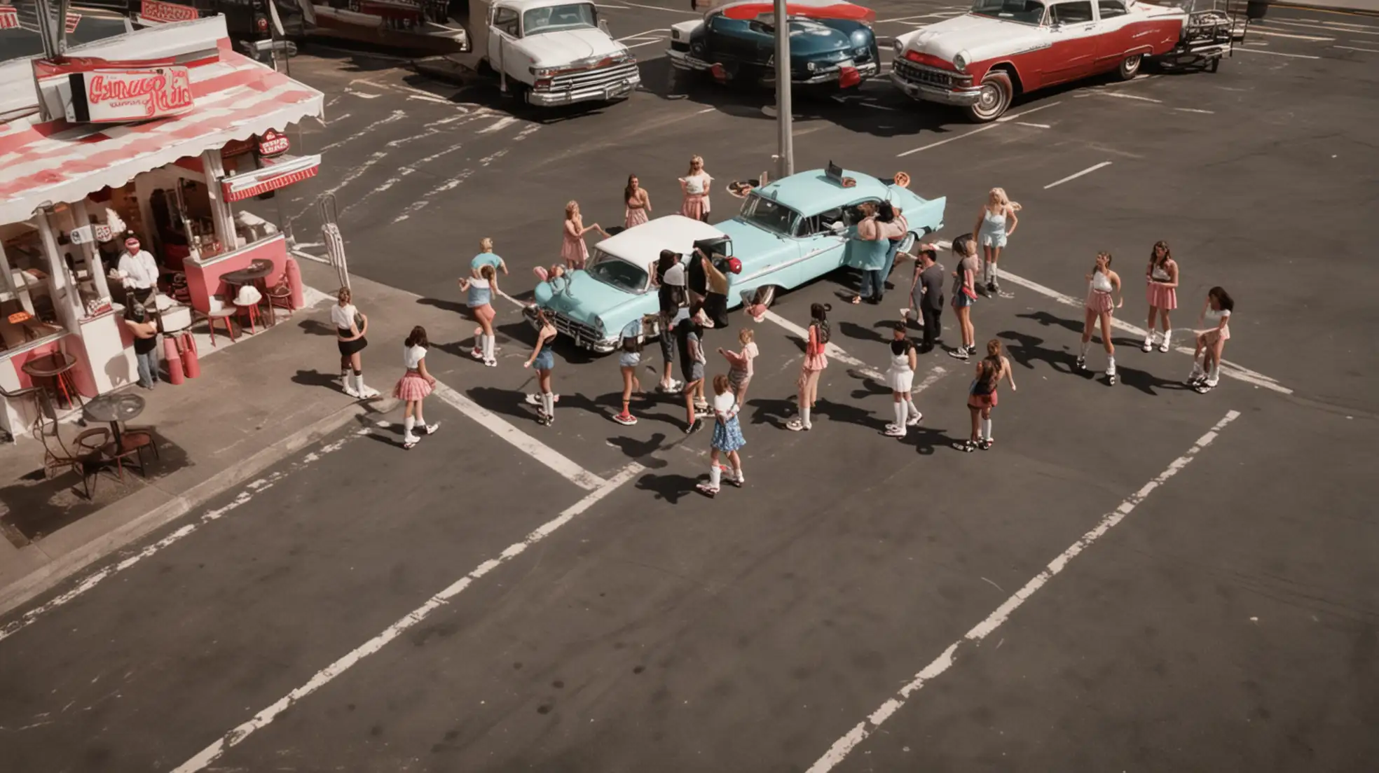 realistic drone photo, aerial view of a group of waitresses on the parking lot of an American diner. The waitresses are wearing roller skates and driving around