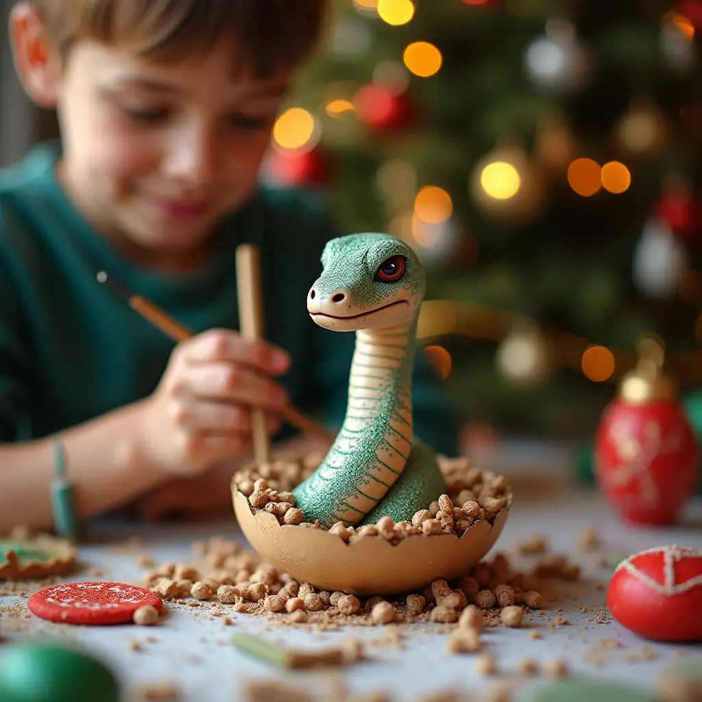 Teenagers-Crafting-Art-Doll-Snake-Inside-Egg-with-New-Year-and-Christmas-Tree-Ambiance