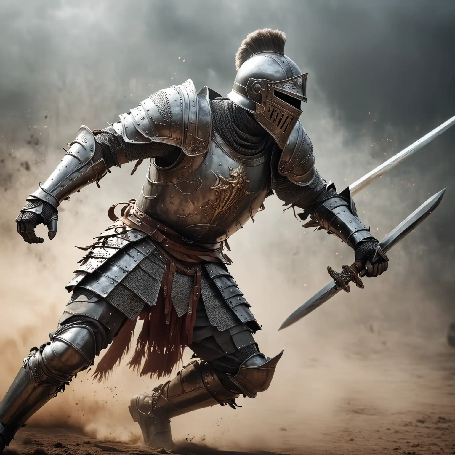 A knight charging at an enemy, armor of metal