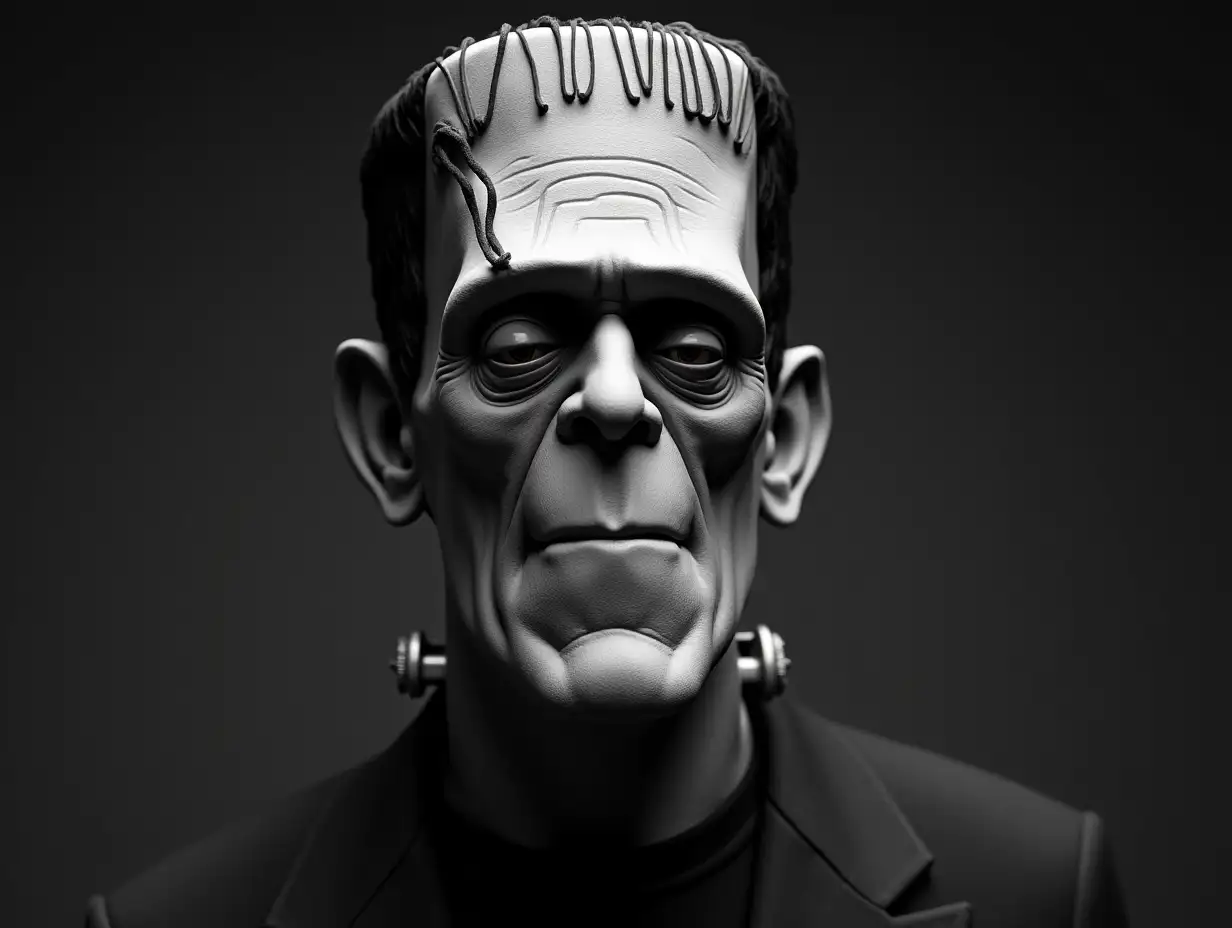 a black and white portrait of a dignified Frankenstein's monster smiling shyly