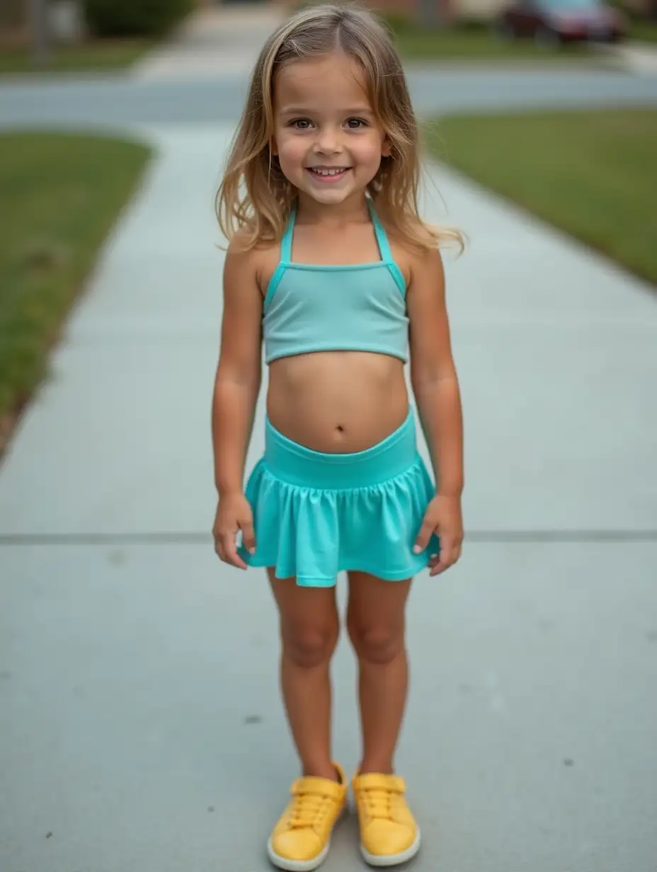 Slender-Girl-in-Turquoise-Halter-Top-and-Miniskirt-Standing-on-Driveway