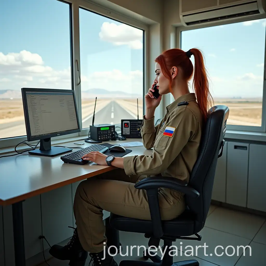 Young-RussianAI-Image-Prompt-Expansion-Military-Female-Pilot-Talking-on-Smartphone-in-Modern-Flight-Director-Observation-Tower