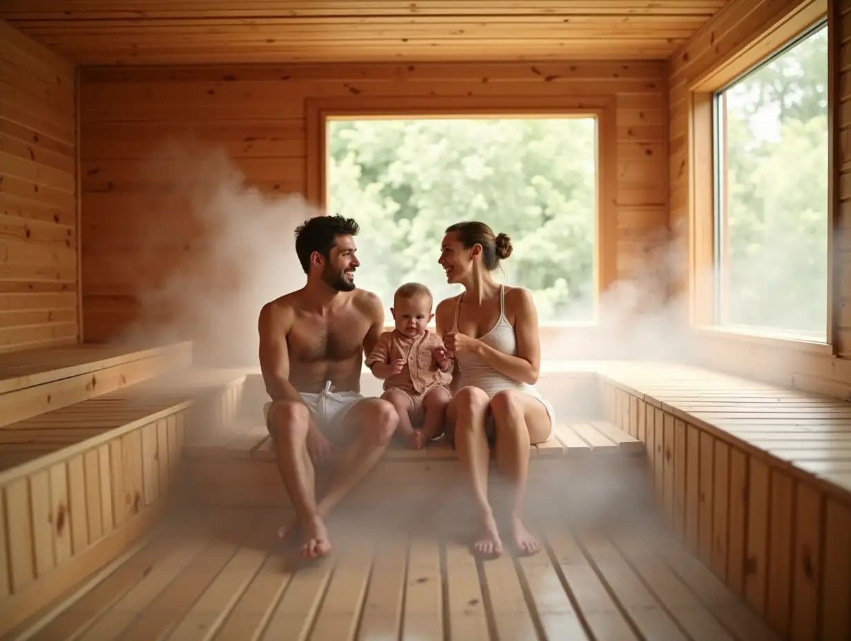 a cheerful family of a man and a woman and their small child on wooden racks inside a wooden sauna with no water under their feet and no pools inside the sauna - these people are steaming surrounded by steam and around them the interior is dry, but only wooden platforms and steam is coming - the entire interior of the sauna is decorated with wooden dry boards of expensive furniture - including floors, and one of the walls of the sauna is a large single panoramic window from floor to ceiling and wide without sections.