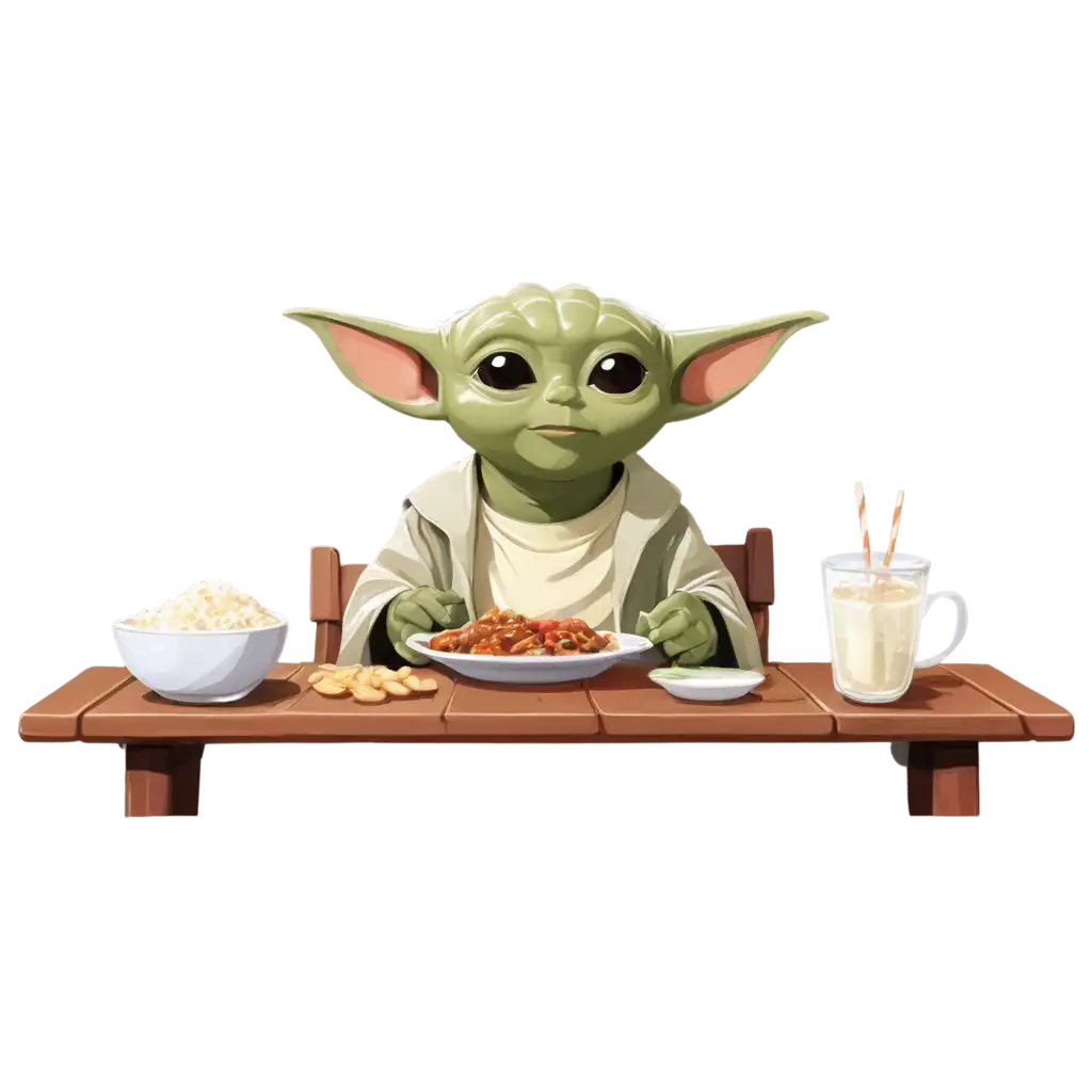 Create an illustration of Grogu (Baby Yoda) sitting at a table enjoying a traditional Malaysian meal. Grogu is eating nasi lemak, which is served on a banana leaf with coconut rice, sambal, anchovies, peanuts, boiled egg, and cucumber slices. Next to him, there's a glass of teh tarik, a frothy, pulled tea beverage. The background should feature a cozy Malaysian café setting with warm lighting, wooden tables, and some tropical plants. Grogu's expression should be content and curious as he tastes the food.