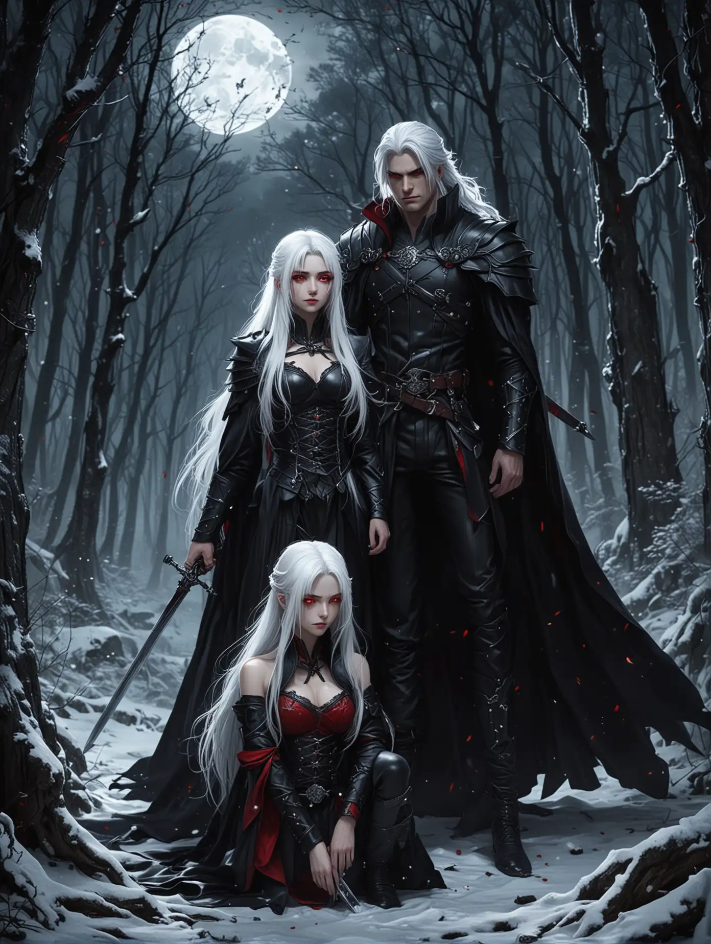 A mystical couple in anime style standing in a dark, snowy forest with a full moon. The woman with long white hair and red eyes, in a black leather outfit, kneeling with two swords. The man with long black hair and red eyes, in a black cloak with armor, standing behind her. Dark and mysterious atmosphere.