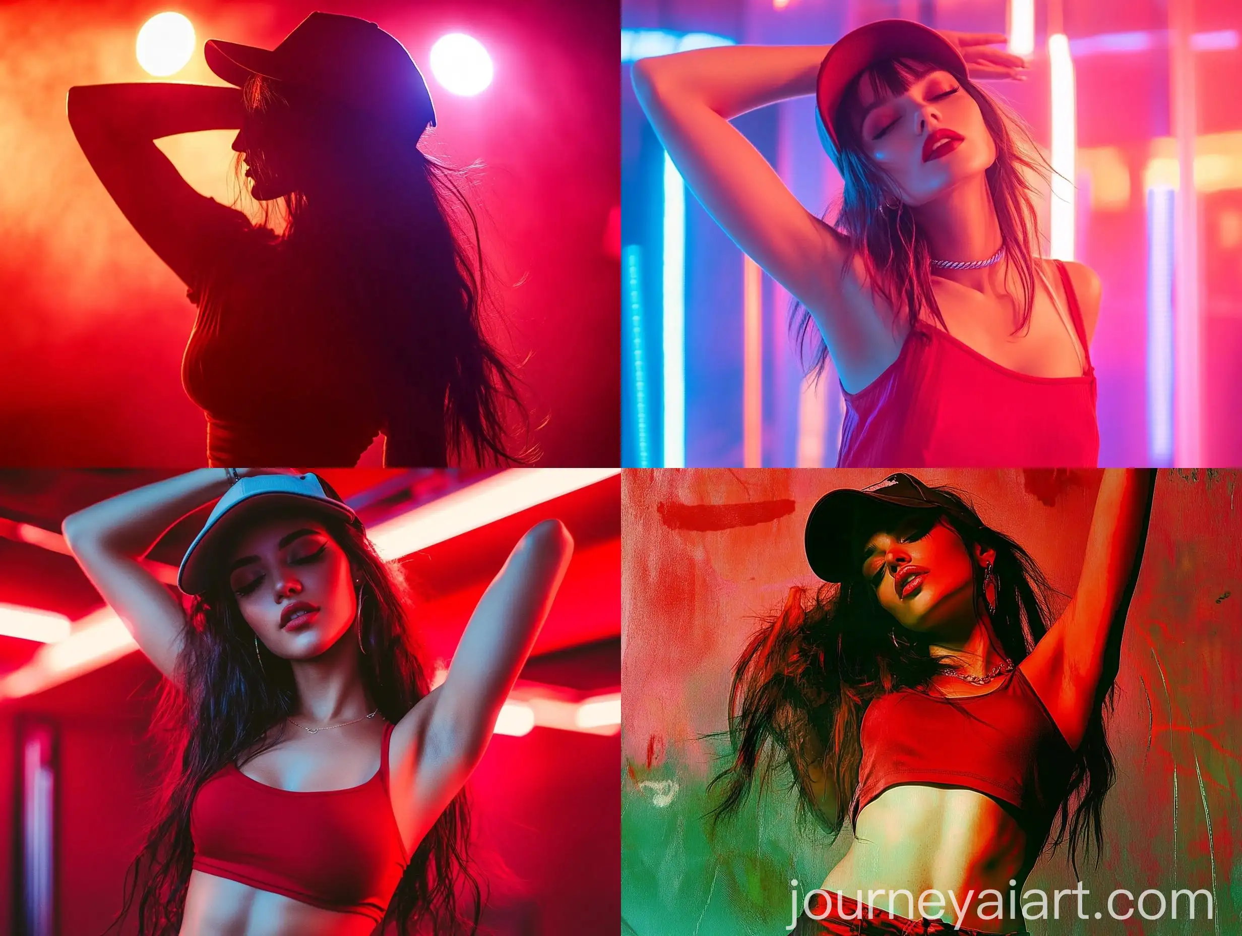 Elegant-Woman-Dancing-in-Red-Attire-with-Cap-at-Rave-Party