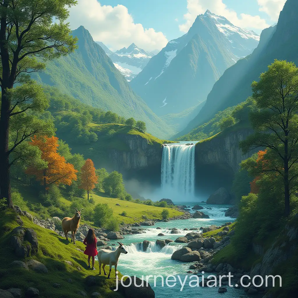 Scenic-Landscape-with-Green-Mountains-Goats-Waterfalls-and-Girls