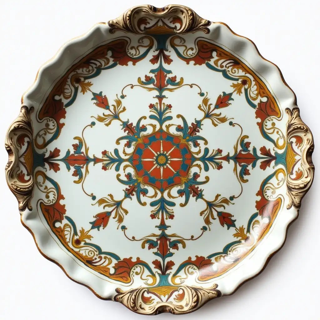 Ruffled edge circle ceramic tray with embossed beautiful handle,Underglaze painting on white body, Fine art, Hyper detailed, Antique and old, Qajar art, Iranian Tabriz carpet design