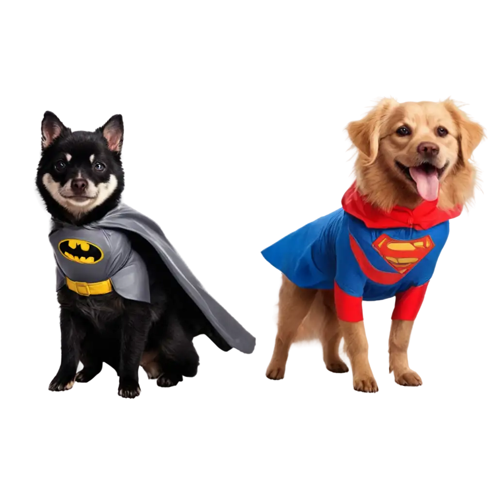 make three dogs of breed with long hair a super heroes costume. one of batman, one of Superman and one of spider man.