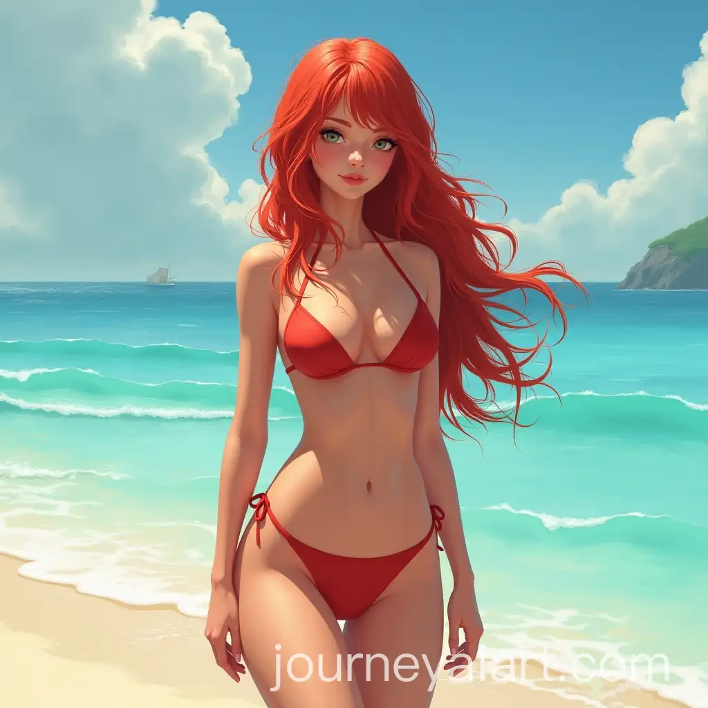 RedHaired-Woman-inAI-Art-Prompt-Expansion-Bikini-on-Scenic-Beach-with-Ocean-Background