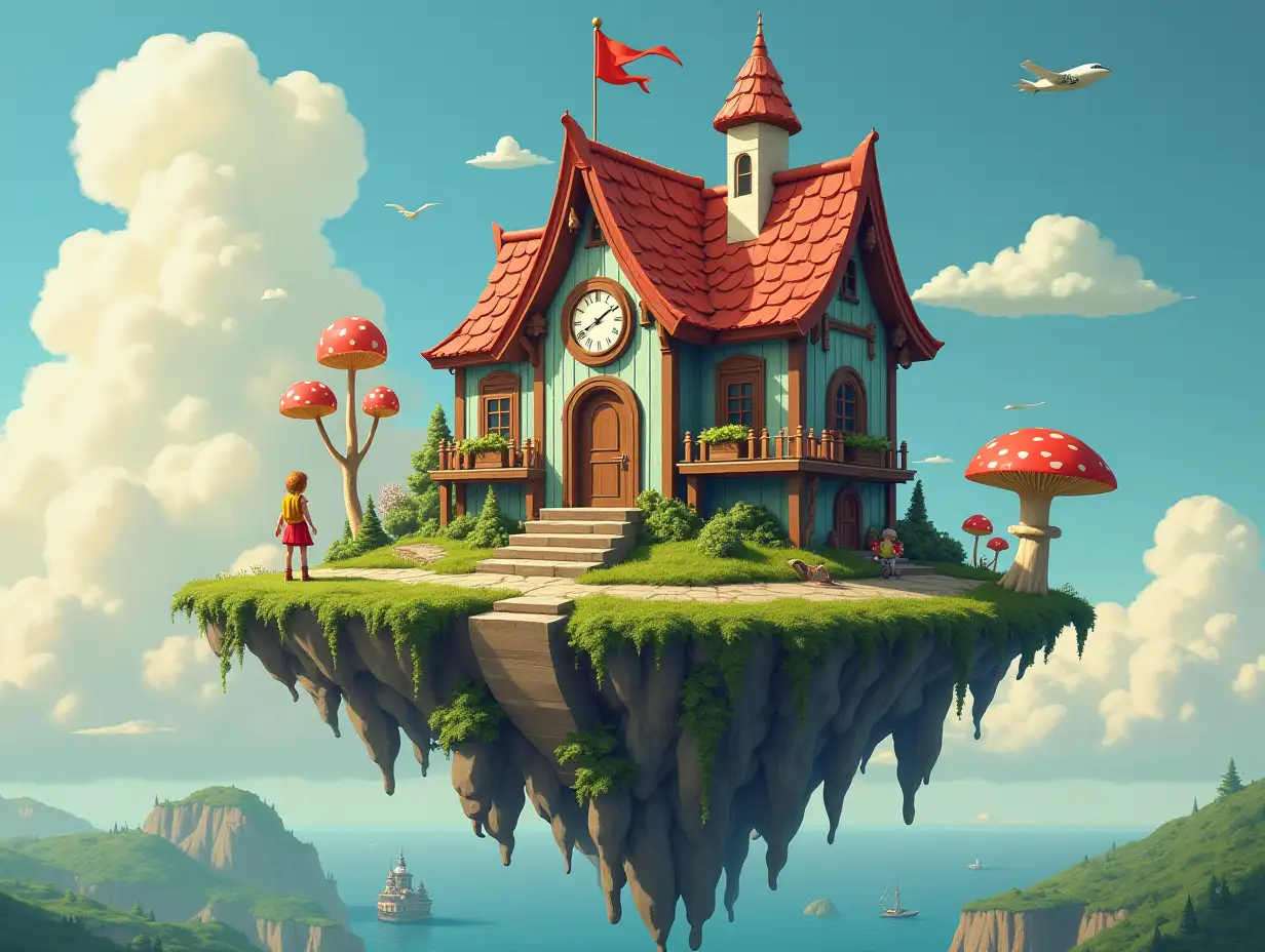 A magical floating island house with tiny people, giant steps and bridge, clocks and mushrooms and tiny people art