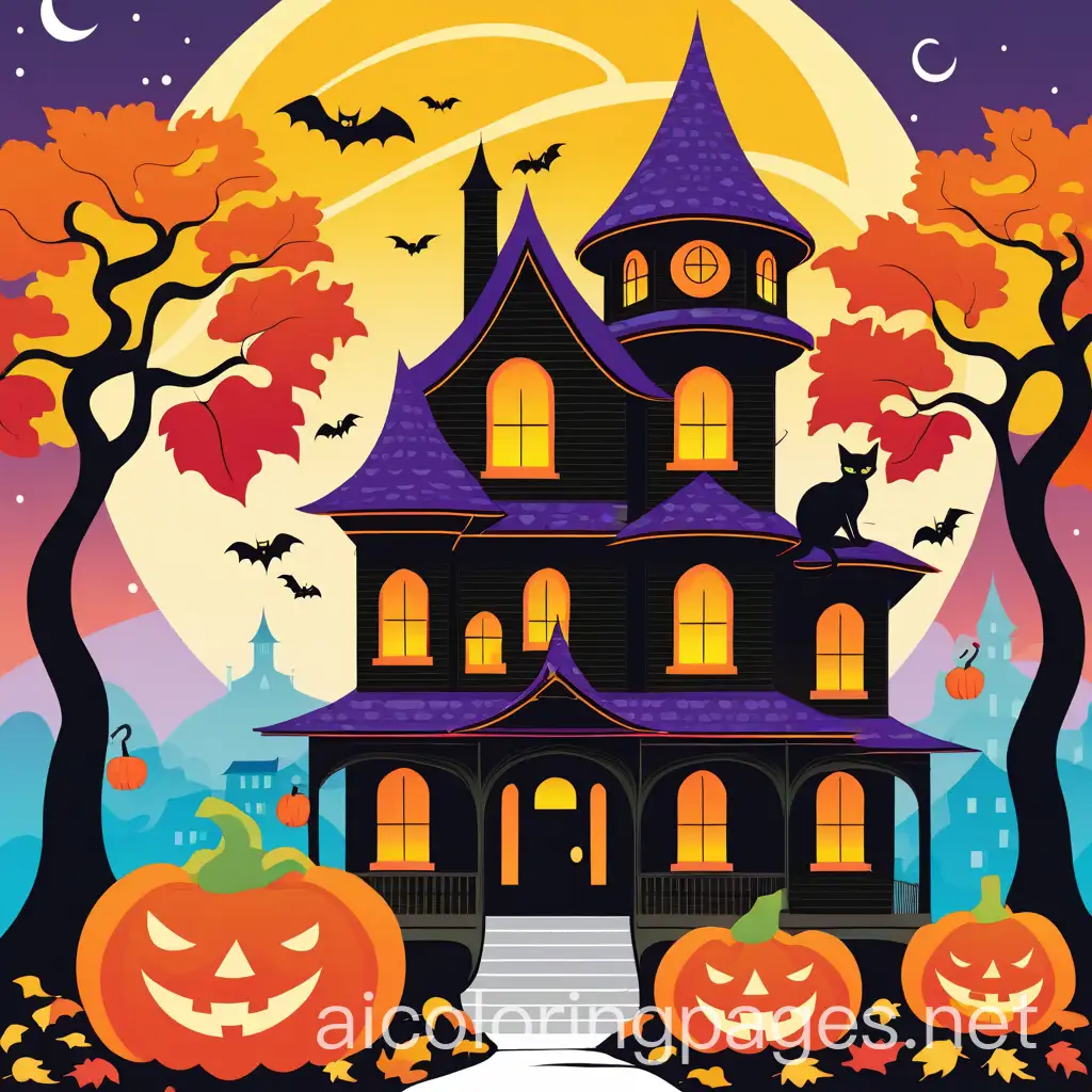 Whimsical-Halloween-Haunted-House-with-Friendly-Ghost-and-Playful-Cat