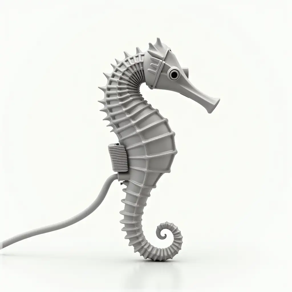 Create a hyper-realistic, surreal image of a seahorse that has been seamlessly transformed into a fully functional hairdryer. The seahorse should retain all of its natural anatomical details, including its curled tail, ridged body, and textured skin, while also incorporating essential hairdryer features. The air nozzle should be subtly integrated into the seahorse's mouth, while the body features vents for airflow. Small, functional buttons should be placed naturally along its side without disrupting its organic form. A power cord should extend from the end of its curled tail, maintaining the realism of both the hairdryer and the seahorse. The surface should have a polished, slightly metallic texture, giving it a refined and high-tech aesthetic. The entire composition should be set against a clean white background, ensuring the surreal fusion of nature and technology stands out clearly.