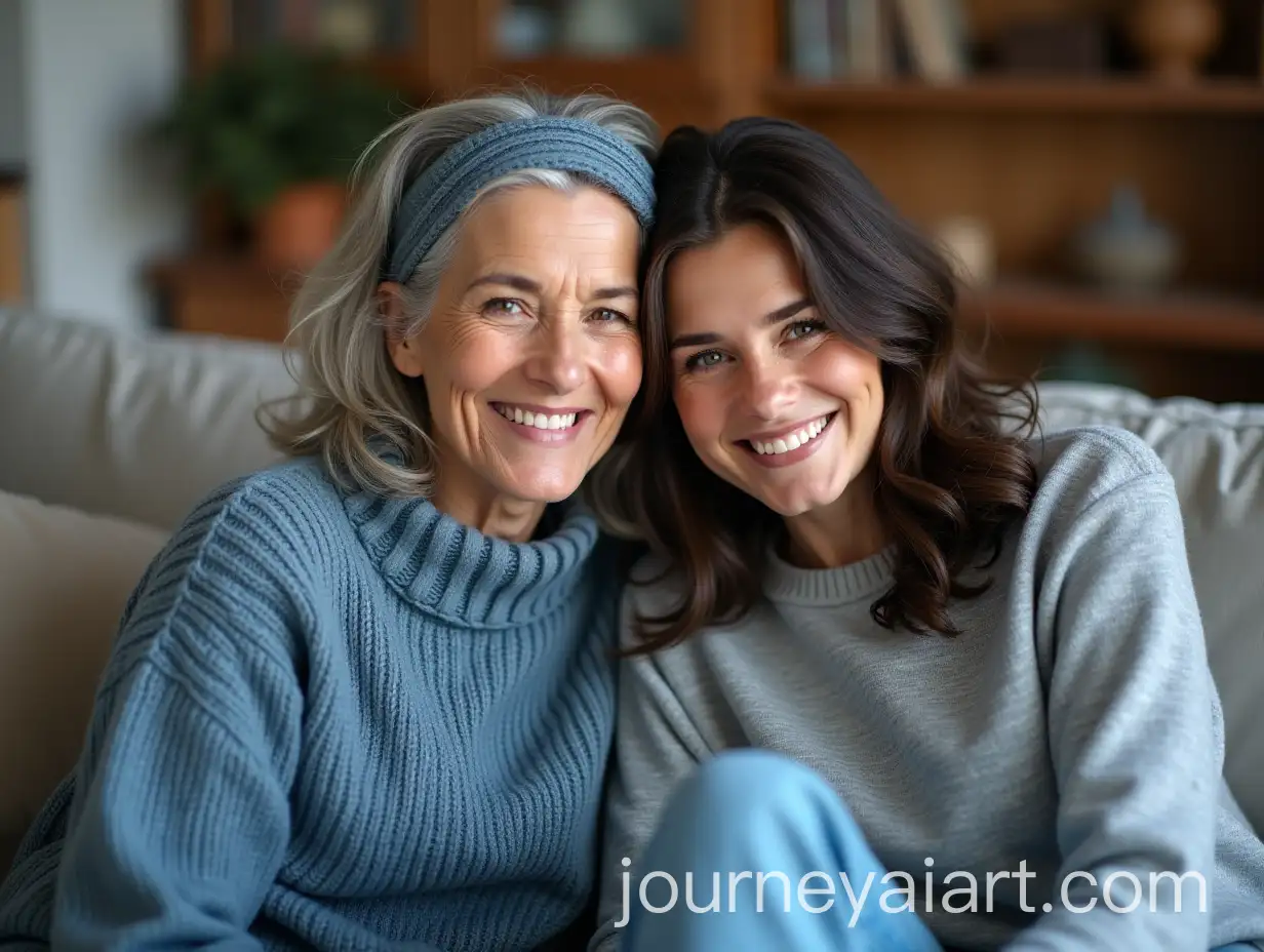 Beautiful-69YearOld-Woman-and-25YearOld-Man-Sitting-on-Couch-Embracing-with-Flirtatious-Look