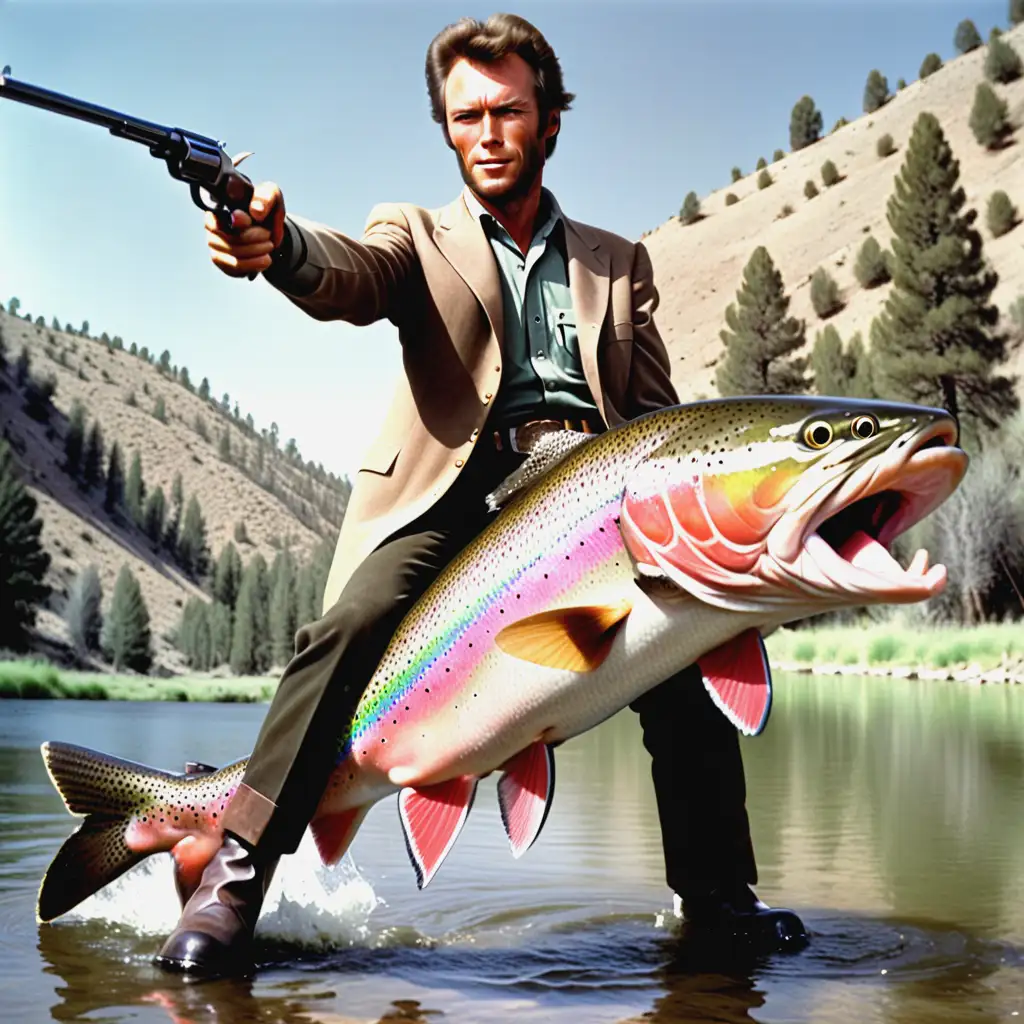 Young Clint Eastwood Riding Bucking Rainbow Trout with Pistols Shooting