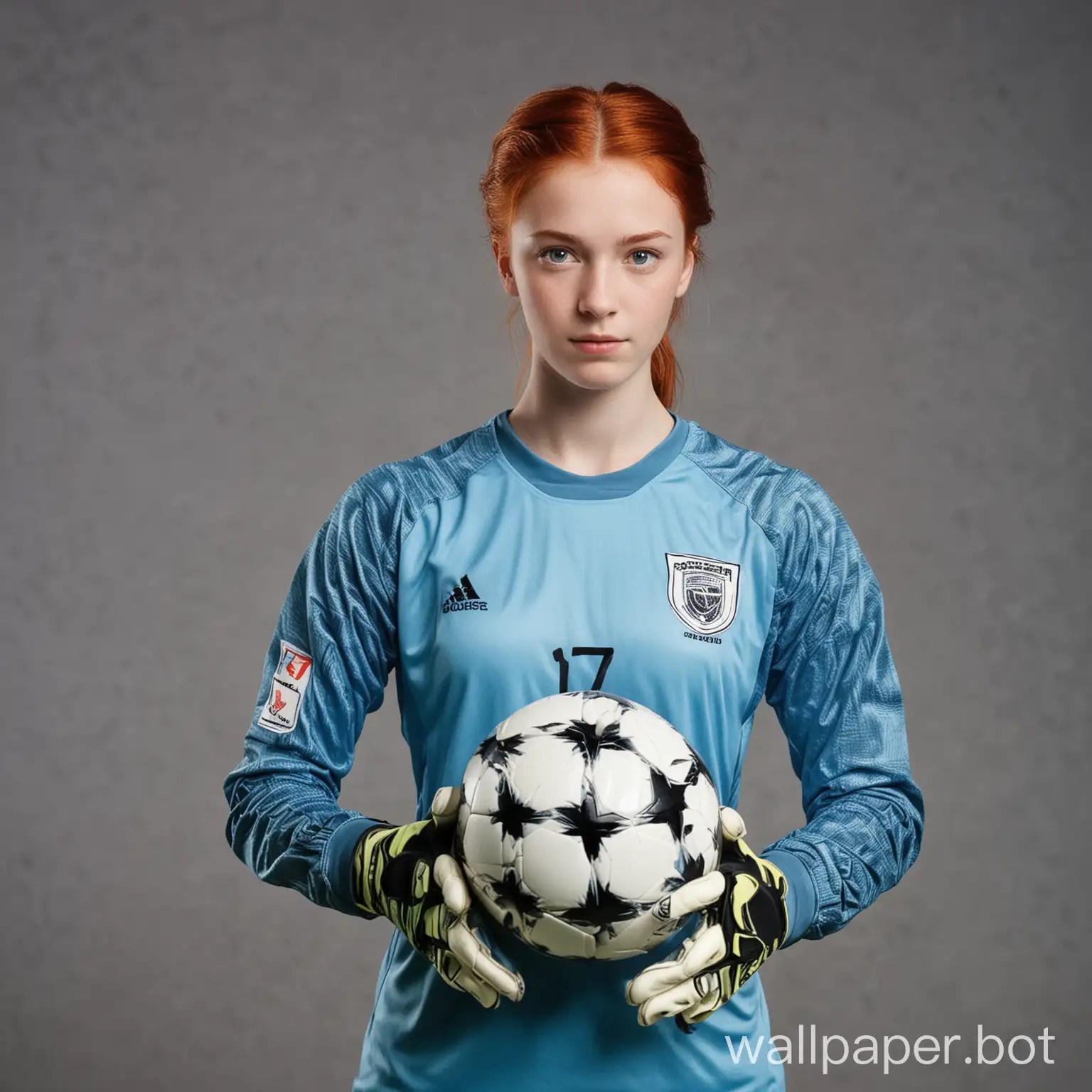 girl in full growth, soccer goalkeeper, redhead, gray-blue eyes, 17 years