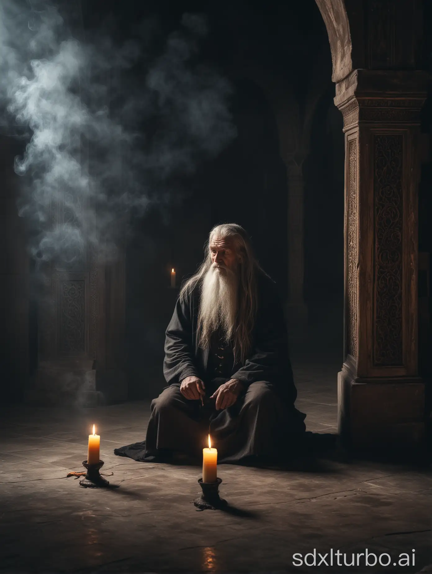 Medieval-Old-Man-Sitting-in-Dark-Mosque-with-Floating-Candle-Smoke