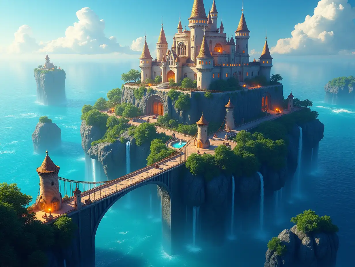 AI a Fantasy-style floating island World under the sea with very big waves, Castle with Golden towers, beautiful lit up streets, a suspension bridge with connections to the mainland, with glowing lanterns and cars, with shining headlights, colorful trees, waterfall, clear sky without clouds, panoramic image