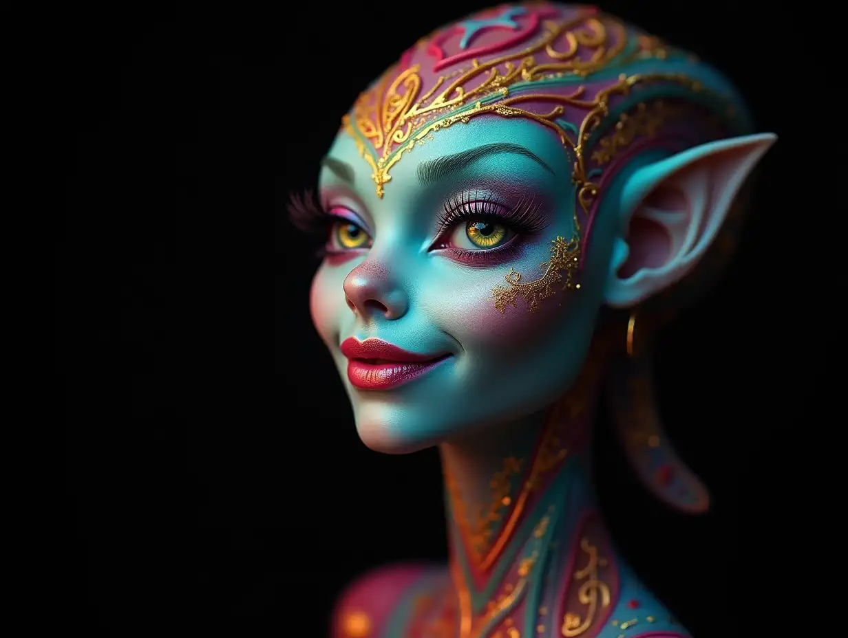 Depiction of a beautiful alien with makeup, shimmering around the eyes with a smile and intricately detailed, colorful and futuristic jewelry. Black background  50-mm-shot