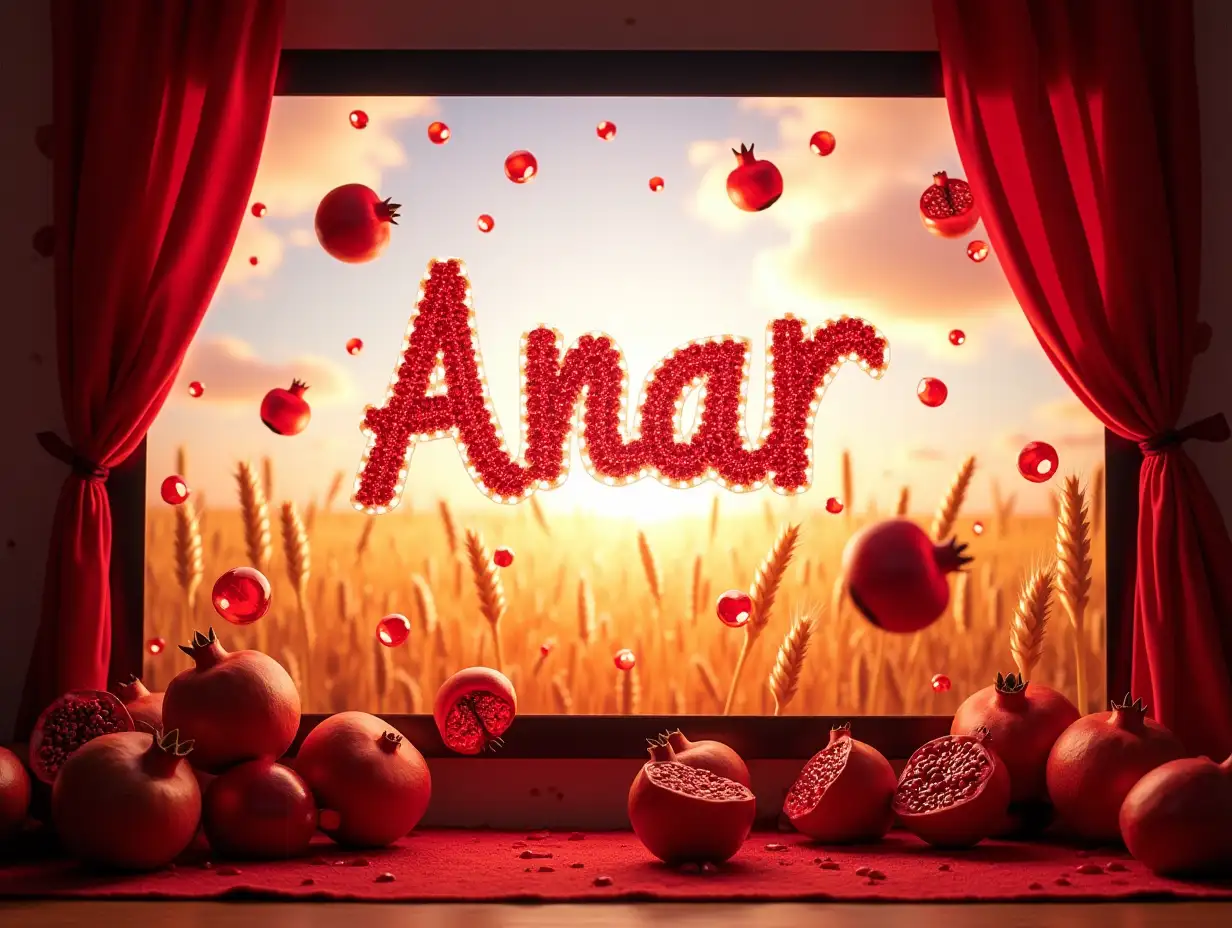 Screensaver for a Led screen at a children's birthday celebration: ripe pomegranate fruits fly down from the sky, some of them explode in the air and pomegranate seeds fly, in the center of the screen is a beautiful inscription of the female name ANAR, decorated with diamonds and pomegranate seeds, in the background is a wheat field with a sunny sky, curtains with Kazakh flutter around the edges of the screen an ornament