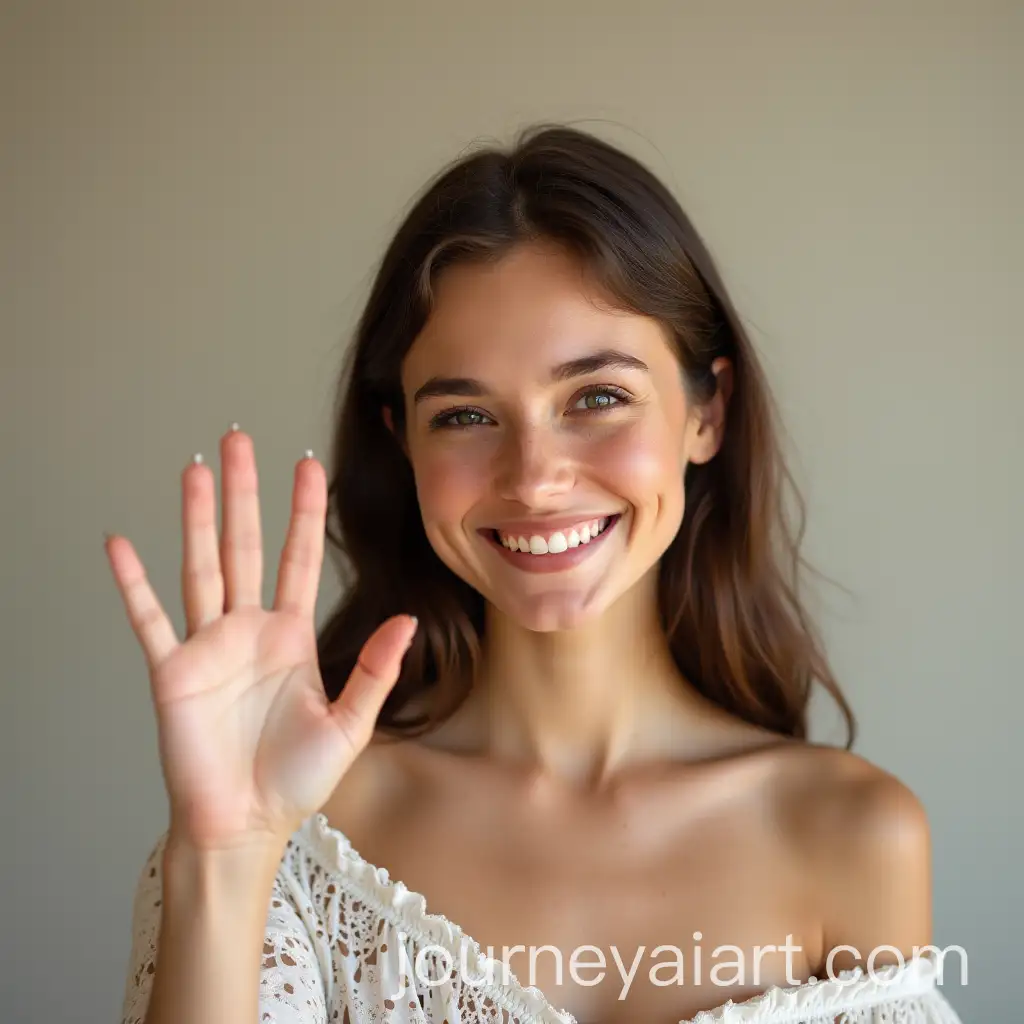 Smiling-Young-Woman-Waving-in-Joyful-Gesture