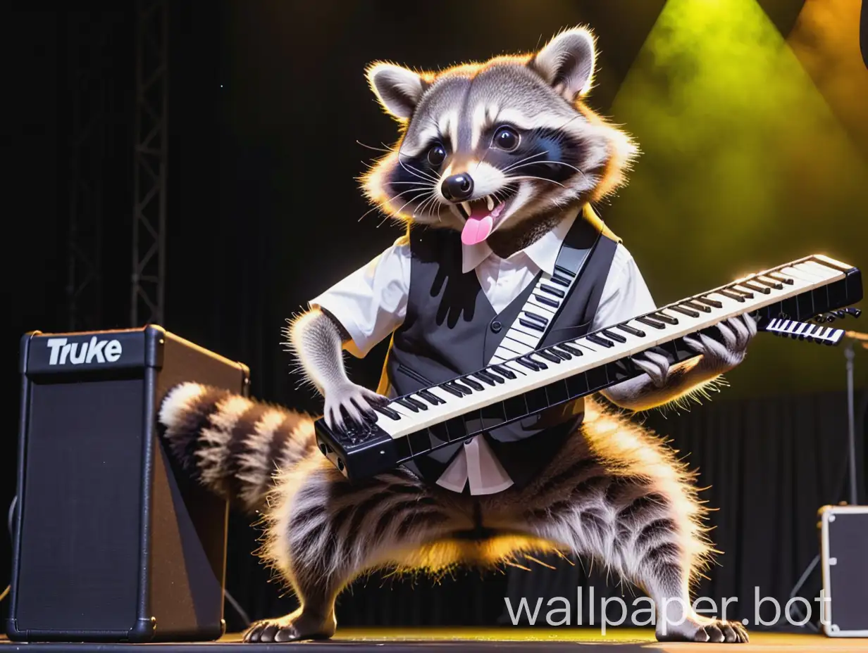 a really cool raccoon playing the keytar on a lively stage