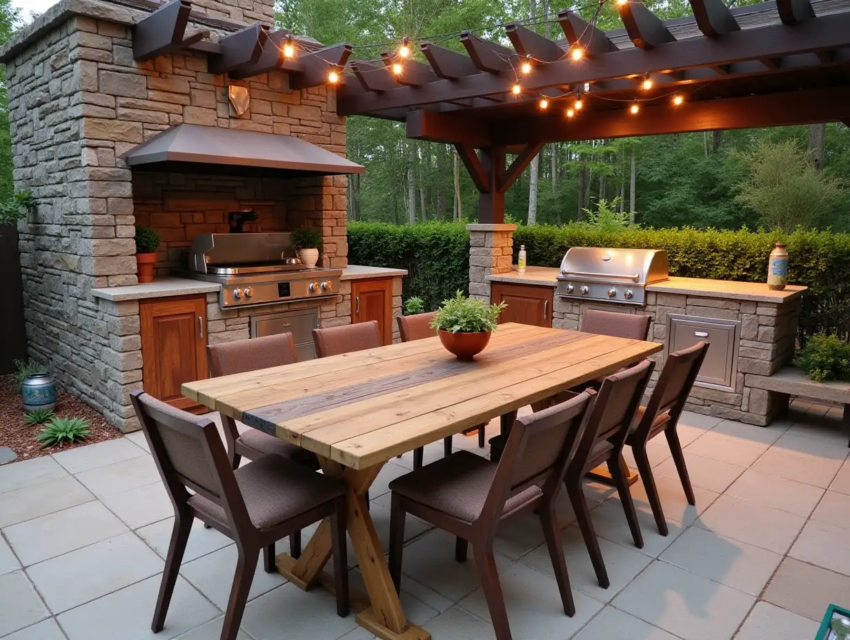 Trendy outdoor kitchen with stone elements and rustic wooden dining table under string lights