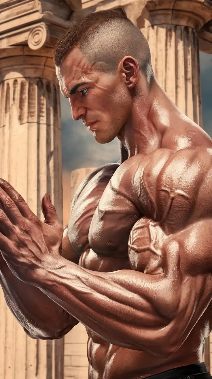Powerfully muscled, hugely ripped, pumped, bodybuilder musclegod reverently receives the powers of Atlantis, becomes a mighty superhero. 24 years old. Photorealistic.