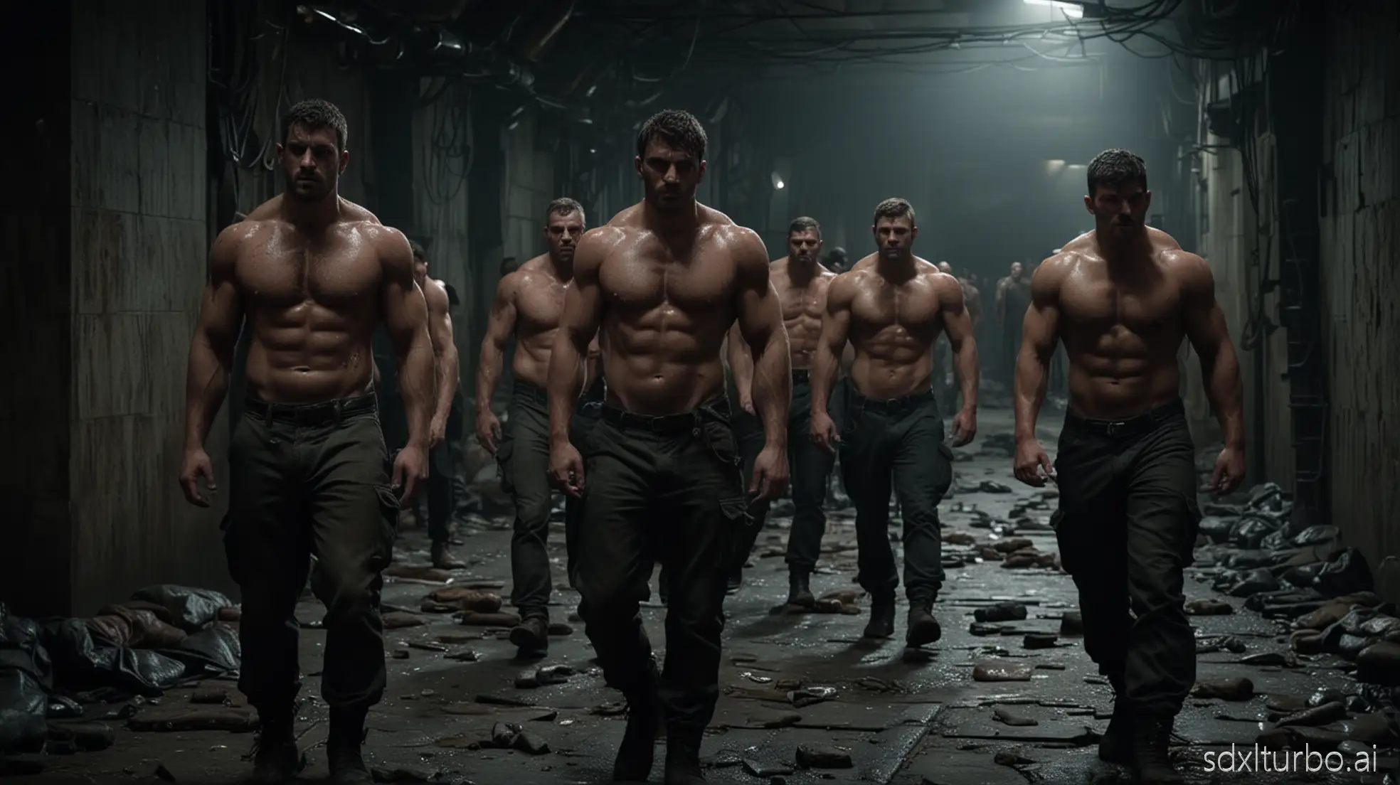 Cinematic photograph dark atmosphere of numerous hundreds muscular manly men, massive beefy hunky men with drained sweet, brawny broaden chest. Their body is tall, massive, hunky, beefy. They are mainly mercenaries, looks young but experienced. Scene is urban underground, a cold colossal with numerous floors, with towering walls and dim lighting, all men across multiple levels, so close together. All men poses intimidating looking close to camera, full body shot. Make the atmosphere more thriller, colossal underground dim light, intimidating. Photorealistic, 8k resolution, hyper detailed, ultra-sharp.