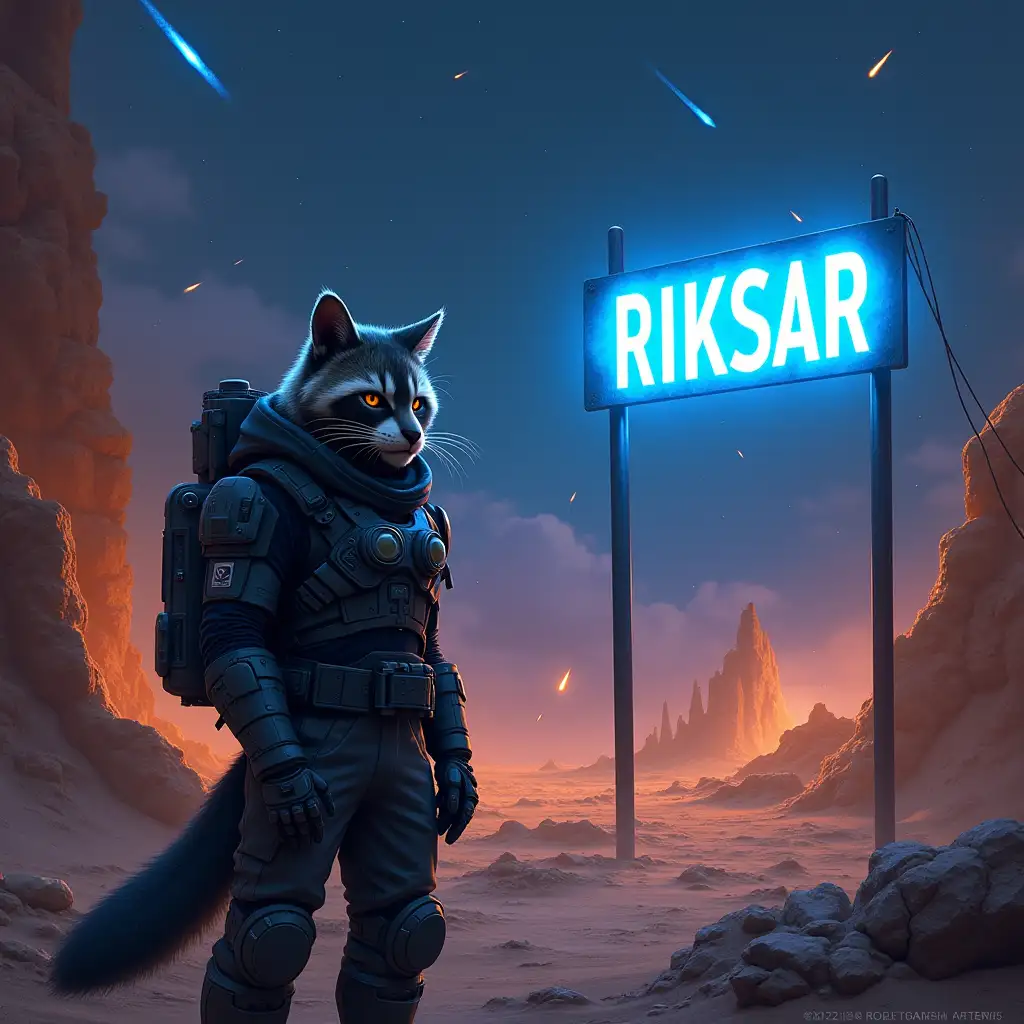 prompt: Cinematic science-fiction banner with an anthropomorphic cat named Riksar in futuristic tactical armor, standing near a glowing neon-blue sign with the name RIKSAR. The background is a ruined city, half-buried in sand, under a dramatic night sky filled with fiery meteor showers. The scene is epic and atmospheric, combining warm orange tones of the desert with cold blue neon lighting. The cat resembles Rocket Raccoon in pose and equipment, with a confident, battle-hardened gaze. Size: 2048x1152 Overview of the cat and banner from a distance. The cat and banner are in the center. Distance observation on them is 300 meters.