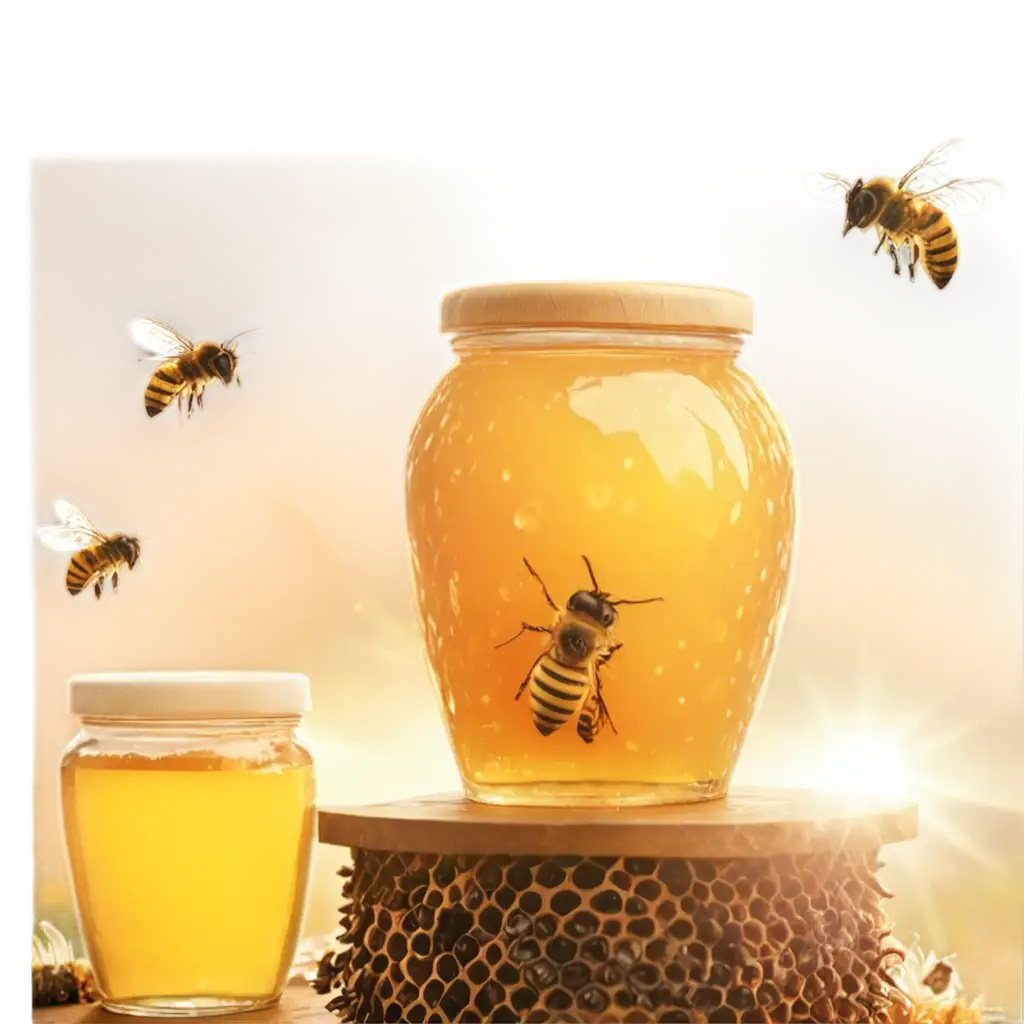 Hyperrealistic-PNG-Image-ofPNG-Image-Optimization-a-Jar-of-Honey-on-a-Beehive-with-Bees-and-Sunlight-Rays