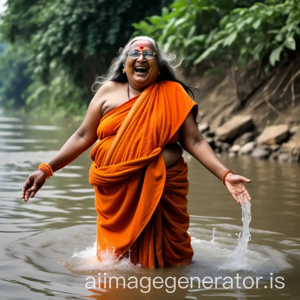 in an indian hindu ashram an big river  is there , near river bank  a oil bottle and a orange bath towel and a flower garland is there and a power spectacles is there , and a hindu woman laughing happy monk with long hair having age 75 fat curvy body  is bathing, show female monk from back side