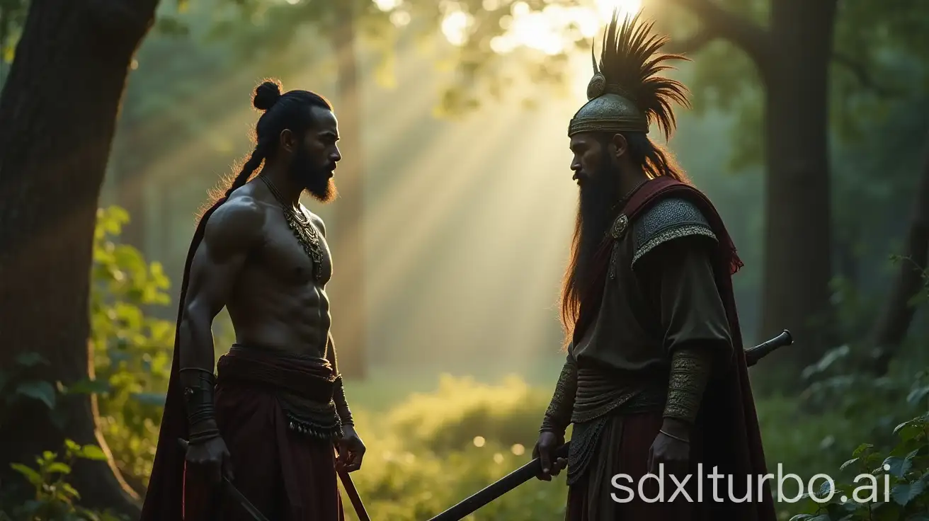 an image of an ancient Javanese warrior meeting an ancient Mongol warrior in the forest in a mystical forest setting in the late afternoon with dim sunlight.