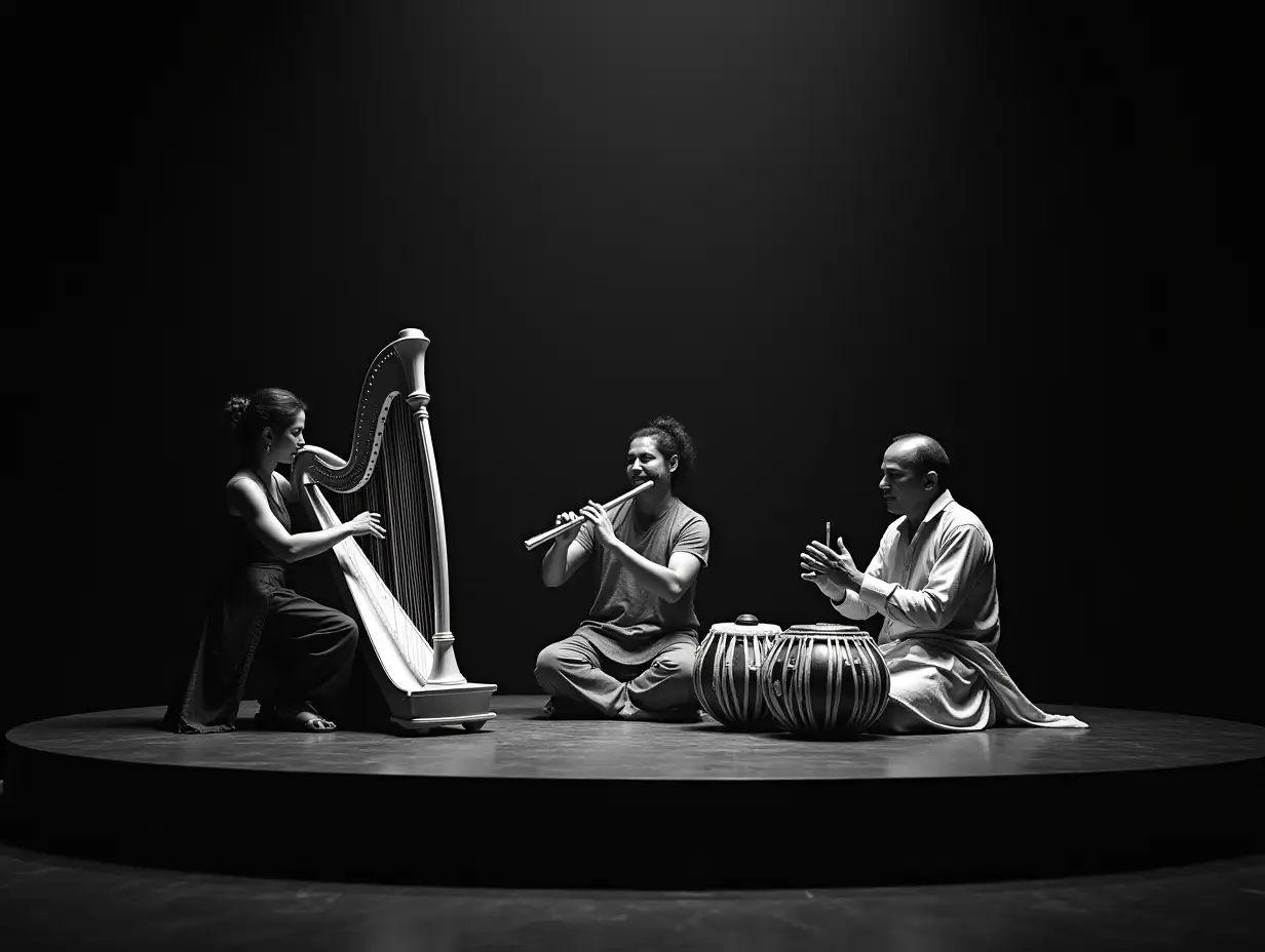 A photorealistic image of three musicians, a harpist, a flutist and a tabla player sitting on a stage which has a black and white 2D theme design.