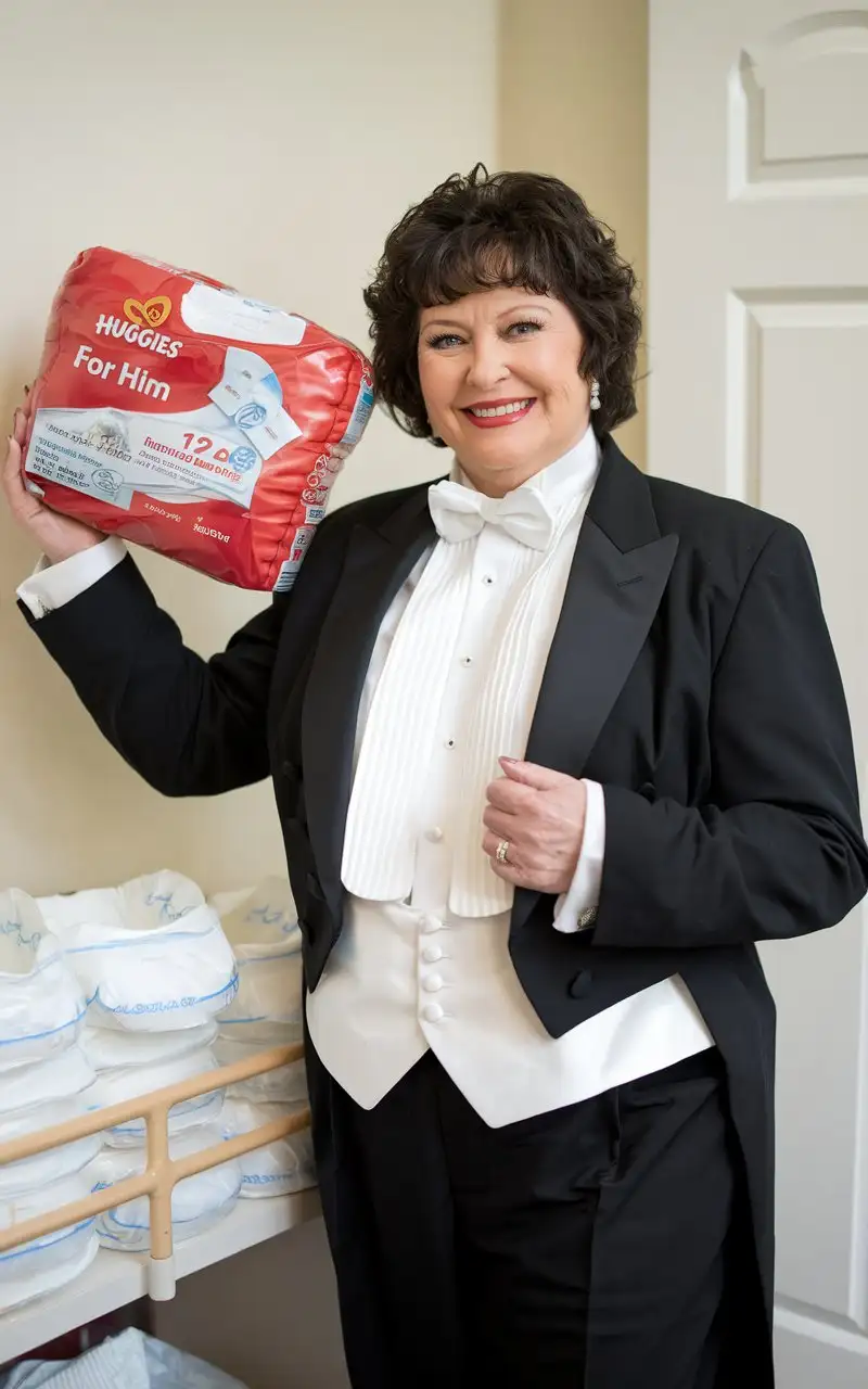 Smiling-MiddleAged-Woman-in-Formal-Tuxedo-Holding-Huggies-in-Nursery