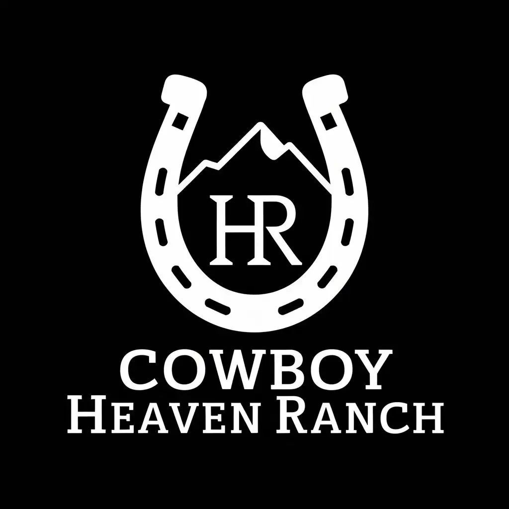 LOGO Design for Cowboy Heaven Ranch White Mountain Horseshoe and HR Serif Letters on Black Background