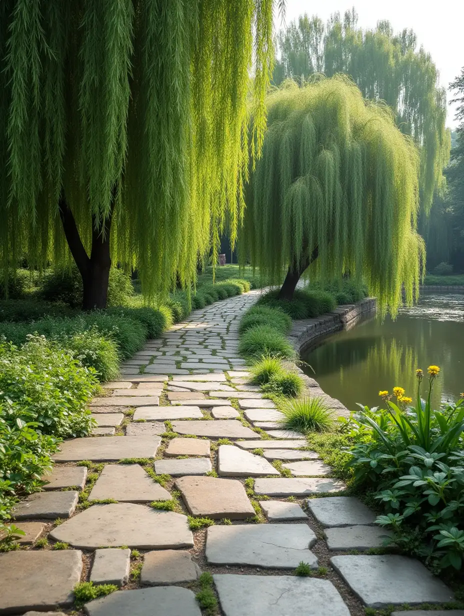 Stone-paved path near the pond shore, weeping willows