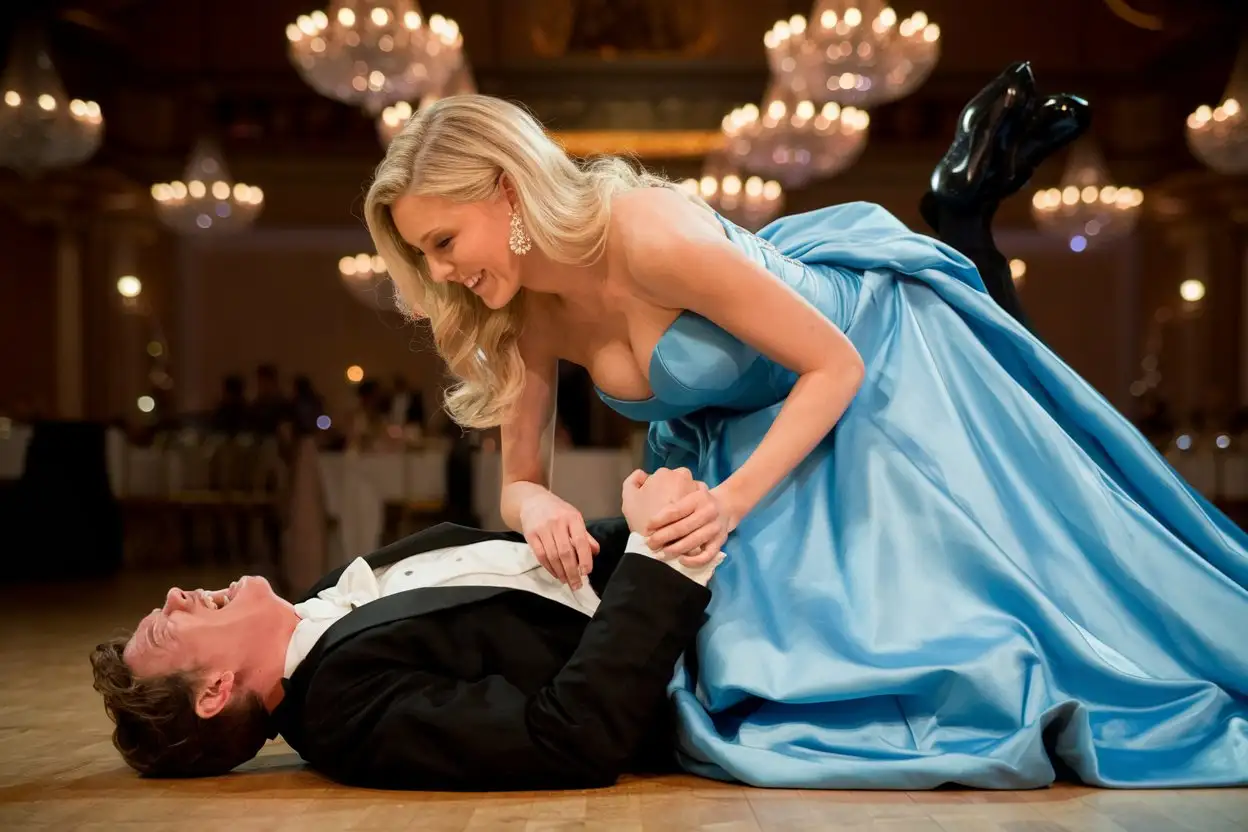 Blonde-Woman-in-Blue-Satin-Gown-Kneels-on-Hysterically-Laughing-Man-in-Ballroom-Setting